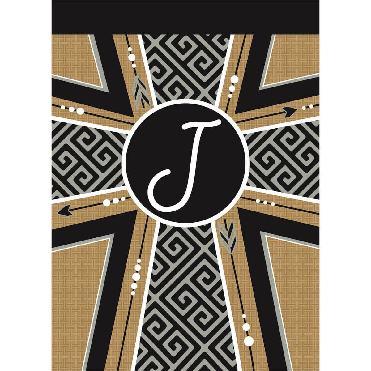 13x18 Monogram-J Cross burlap garden flag double applique initial J with cross stitched on rustic burlap-look fabric displayed on a yard flag stand for porch or lawn decoration