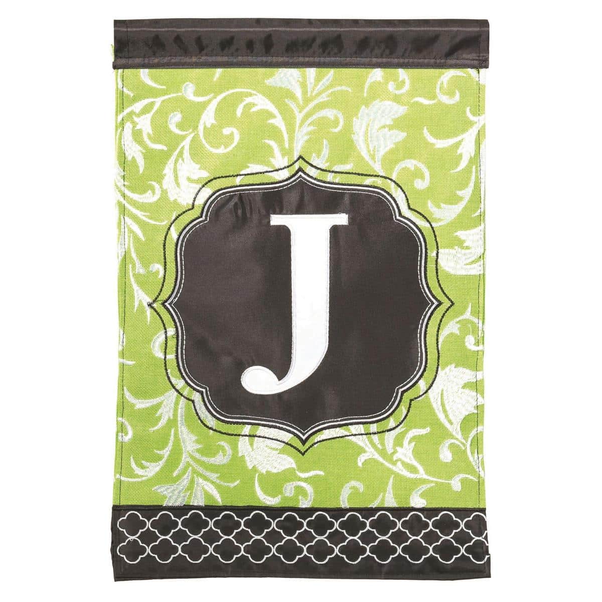 13x18 Monogram J garden flag in green and black with double applique monogram detail shown on a metal garden flag stand