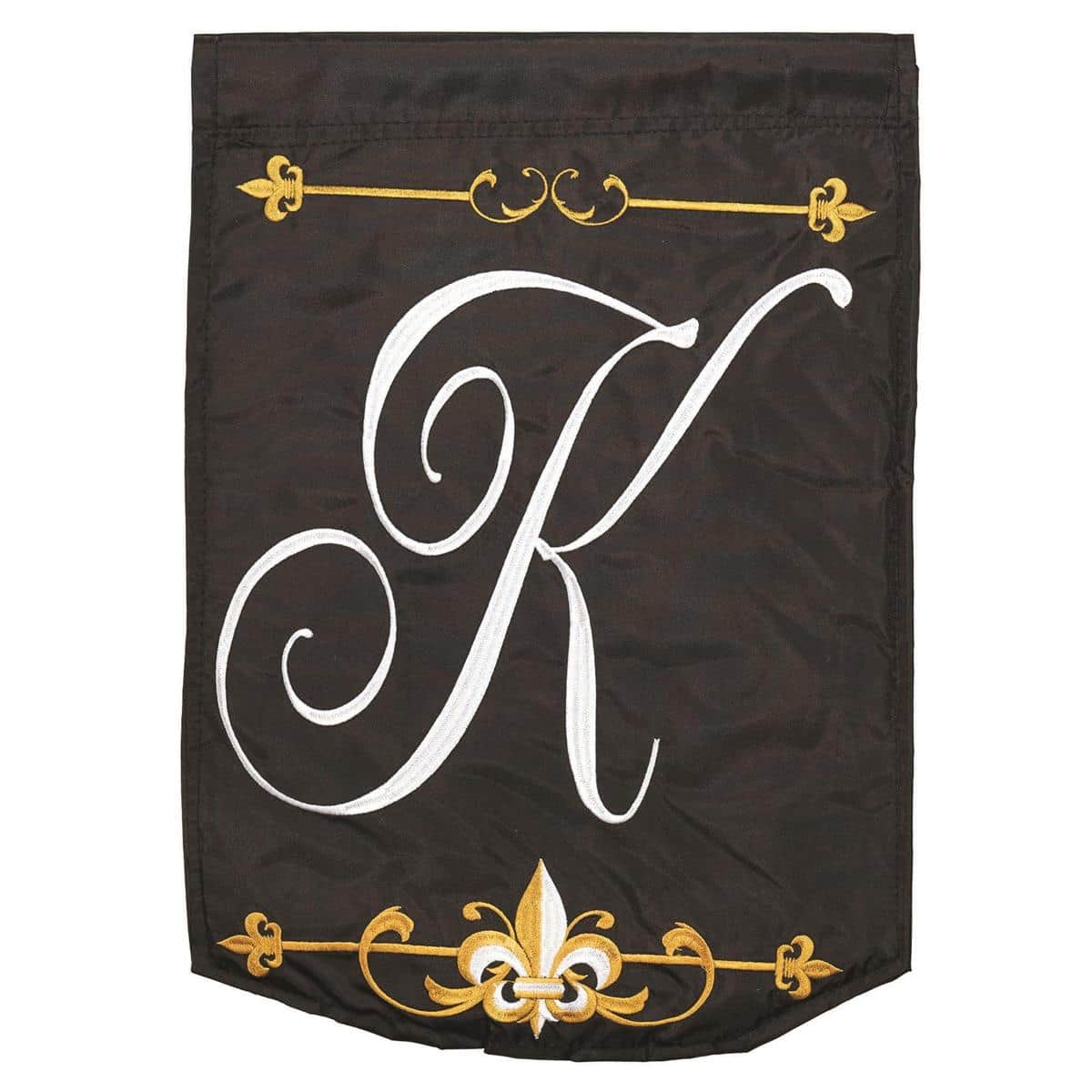 Black garden flag 13x18 with large monogram letter K centered on a deep black background, shown mounted on a small garden pole near a porch with planters and steps visible.
