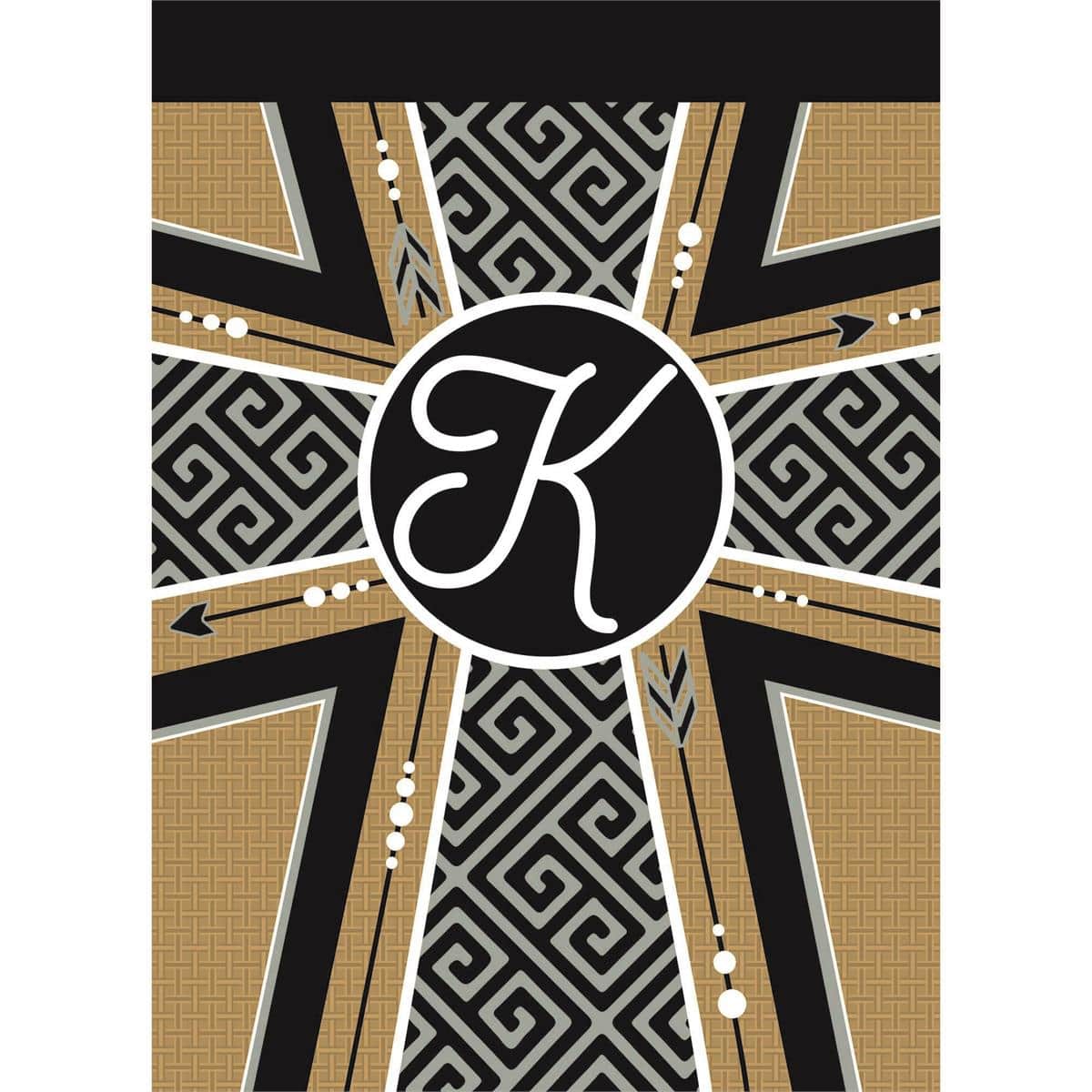 Rustic 13x18 burlap garden flag with layered double-applique letter K and cross, two-sided design, textured tan fabric, ready for standard outdoor flag stand