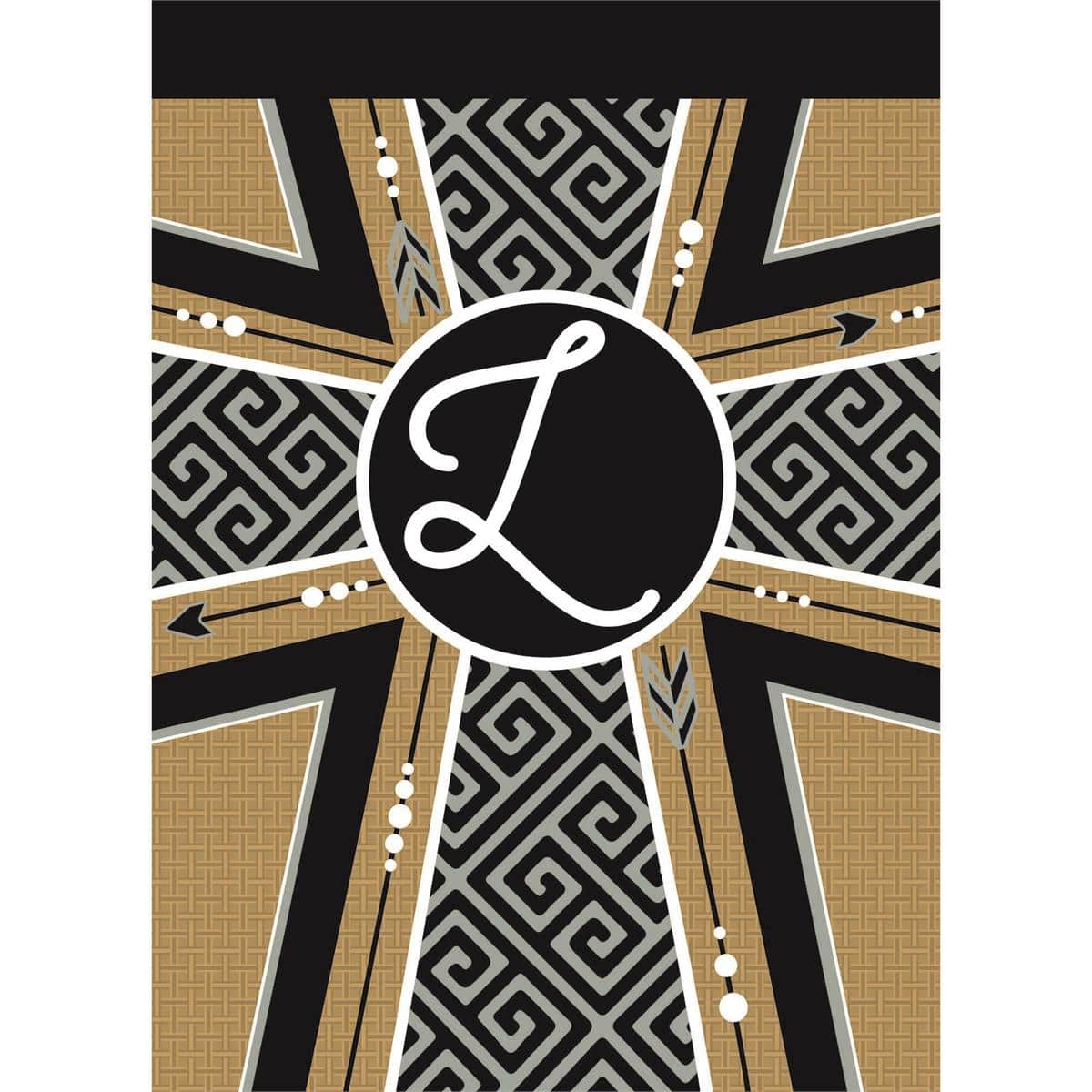 13x18 monogram L burlap garden flag with cross in double applique design, rustic texture and reinforced header for outdoor display on a standard garden pole.
