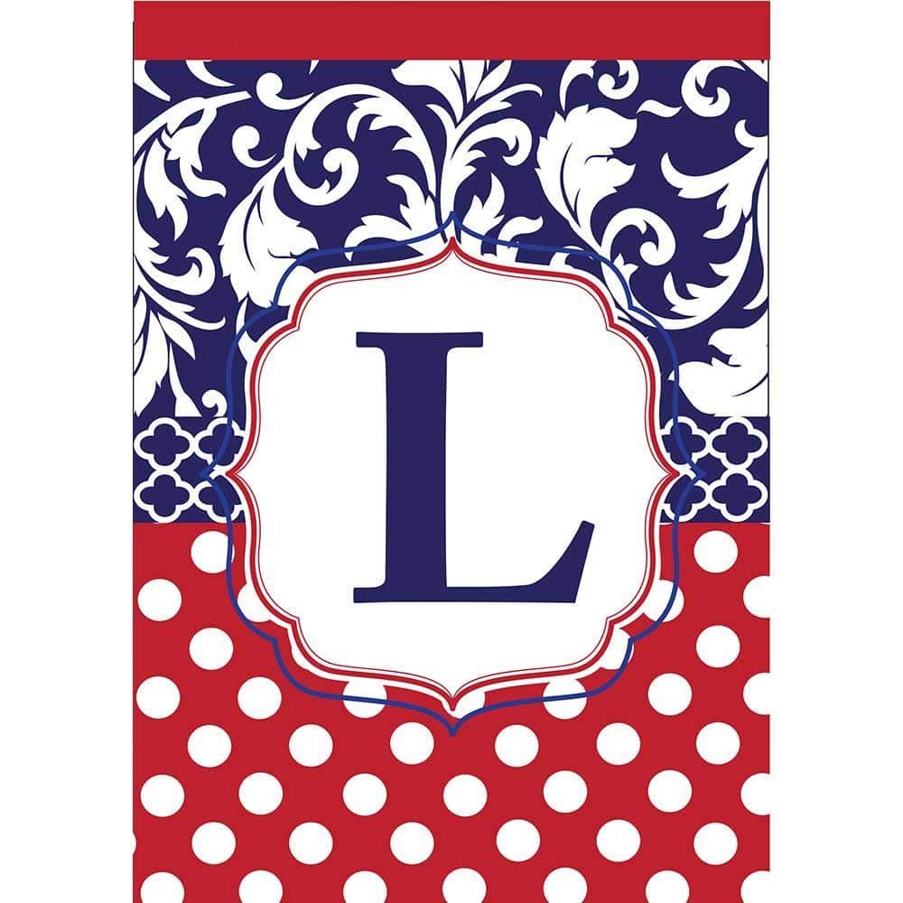 13x18 red white and blue monogram garden flag with double applique stitched initial L displayed on a yard flag pole, durable outdoor polyester fabric and bold patriotic motif for porch or garden.