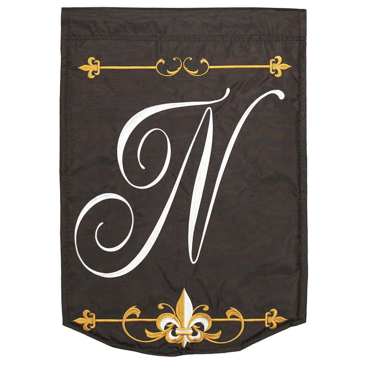 Monogram N black garden flag, 13x18 size, premium polyester with reinforced top sleeve on a standard stand, bold initial on a rich black field for outdoor decor