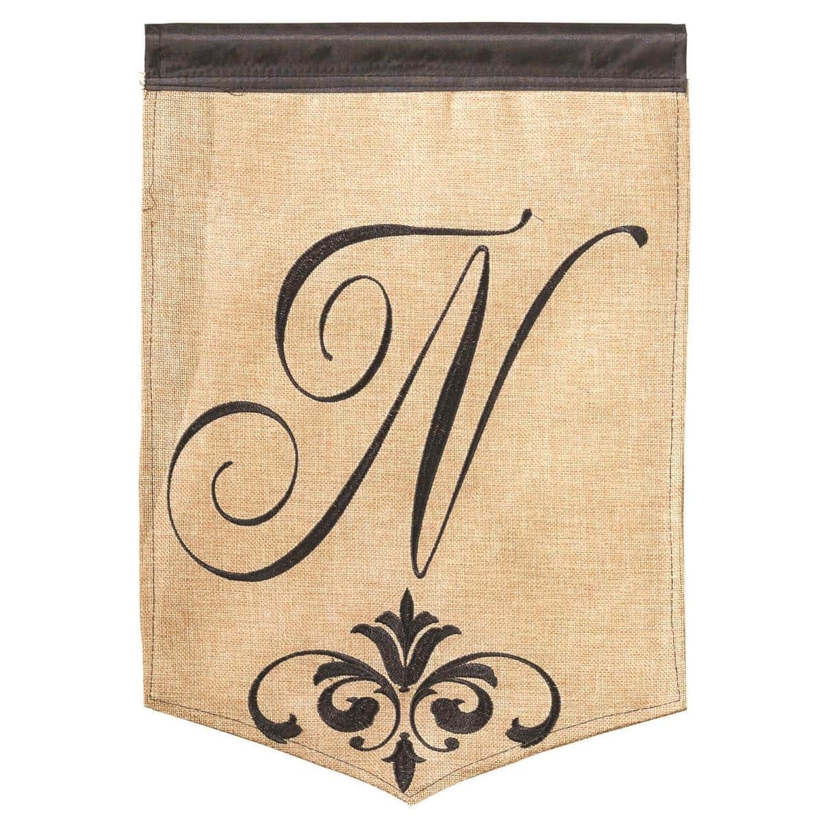 Rustic Monogram N burlap garden flag double applique 13x18 inches shown on a metal garden flag pole in a front yard setting, emphasizing texture and monogram detail.