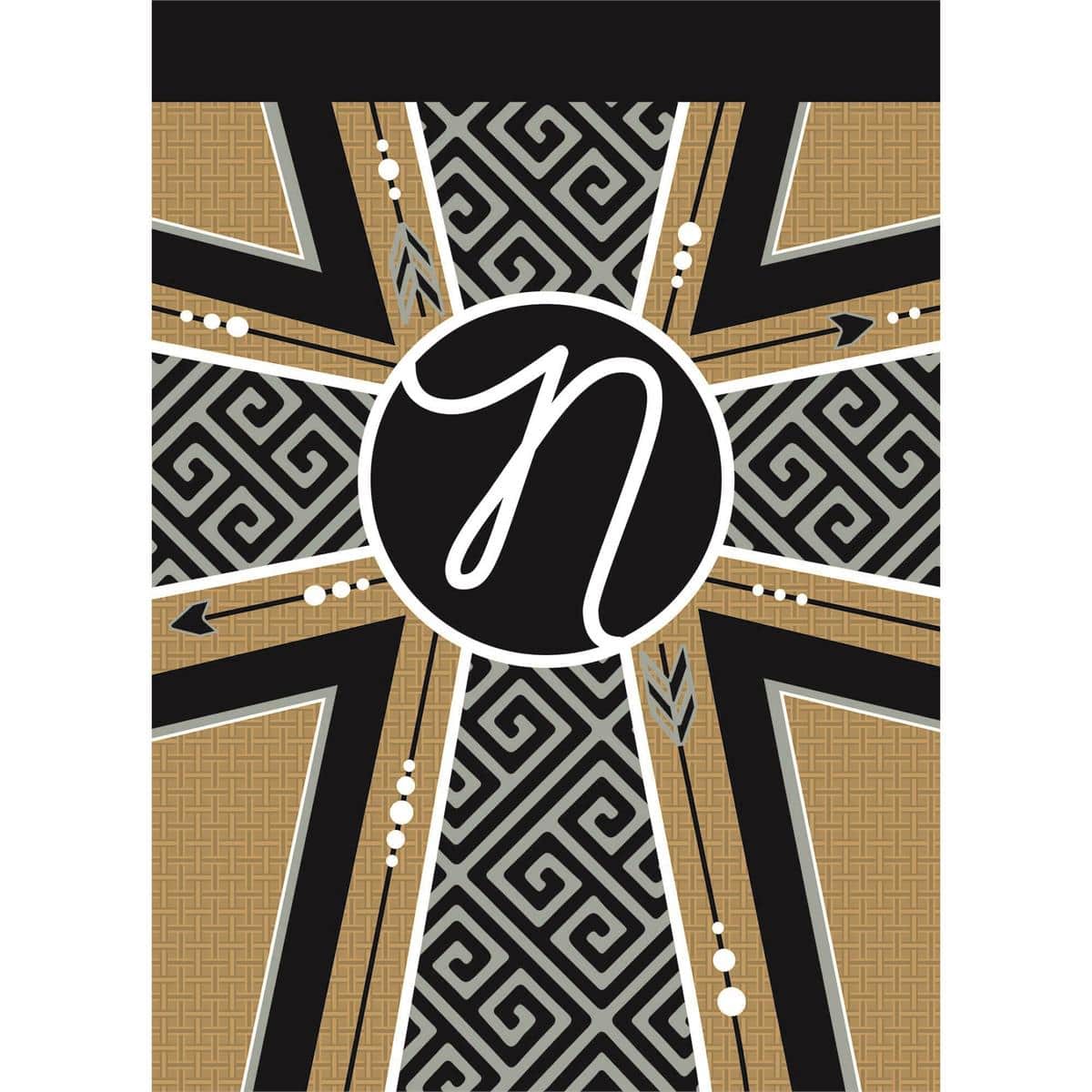 13x18 burlap-textured garden flag with a large centered letter N over a subtle cross, double applique layered fabrics with reinforced stitching, hemmed sleeve for pole display, neutral tones suitable for farmhouse and faith-based outdoor decor.