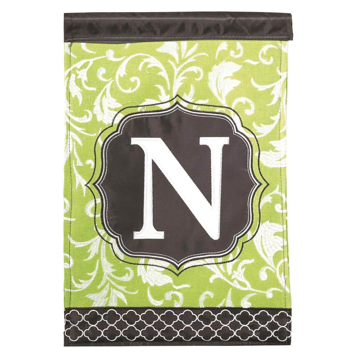 Green and black monogram N 13x18 garden flag double applique personalized initial flag for yard and porch display.