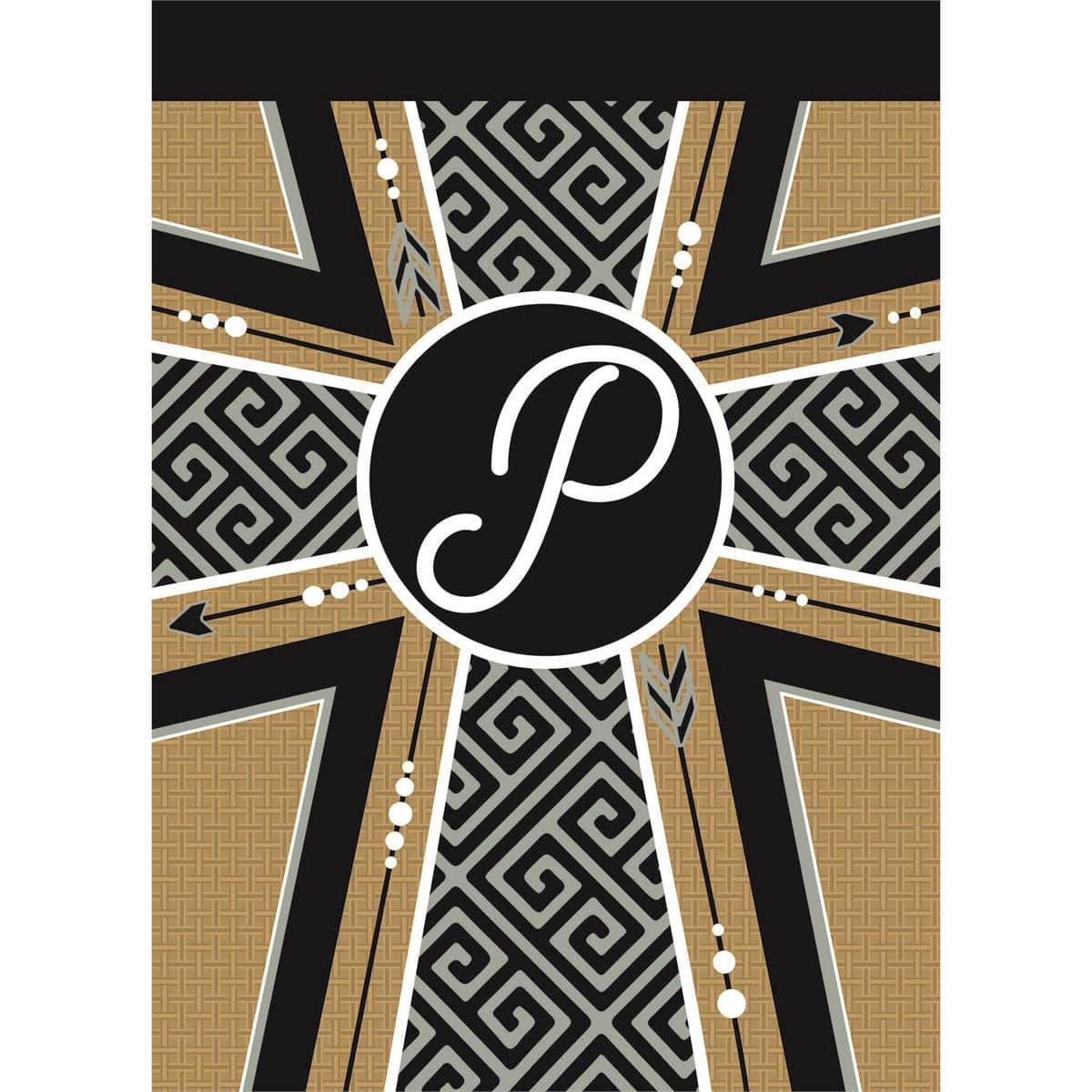 13x18 Monogram P garden flag with cross on double applique burlap texture, rustic farmhouse outdoor flag for porch or garden display, fits standard garden flag poles.