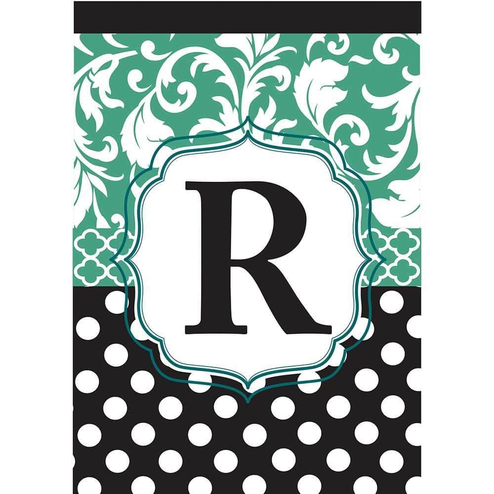 Monogram R black and aqua 13x18 garden flag with double applique detail shown on a standard garden flag pole, personalized initial visible from a short distance