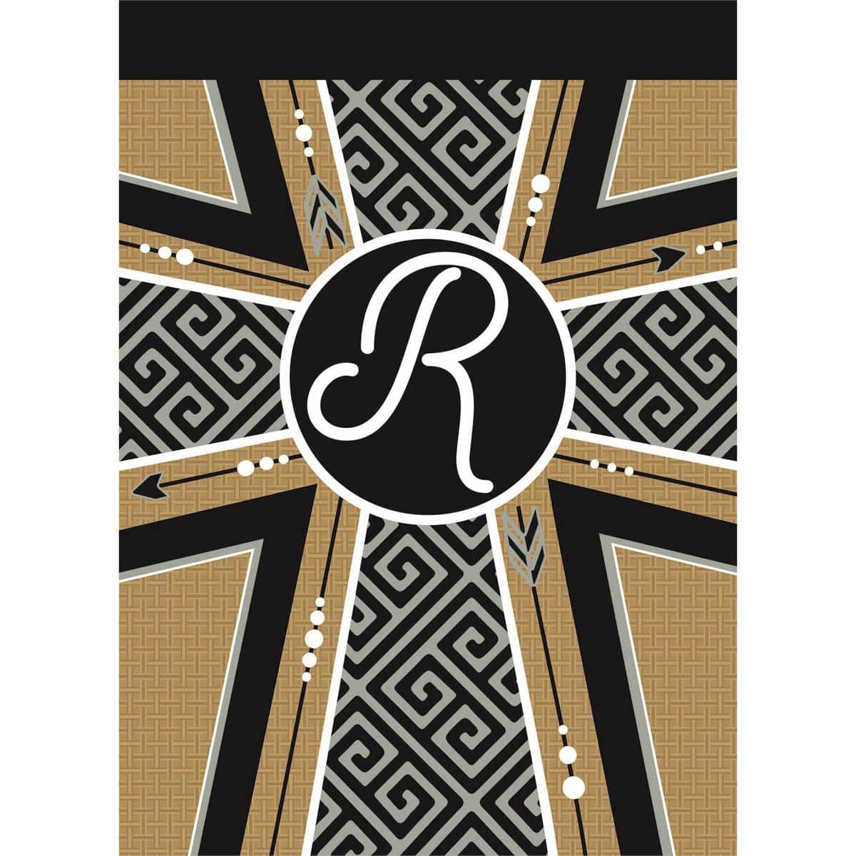 13x18 inch garden flag showing a stylized monogram "R" layered over a cross on a burlap-textured face with double applique stitching, displayed on a small metal garden stand.