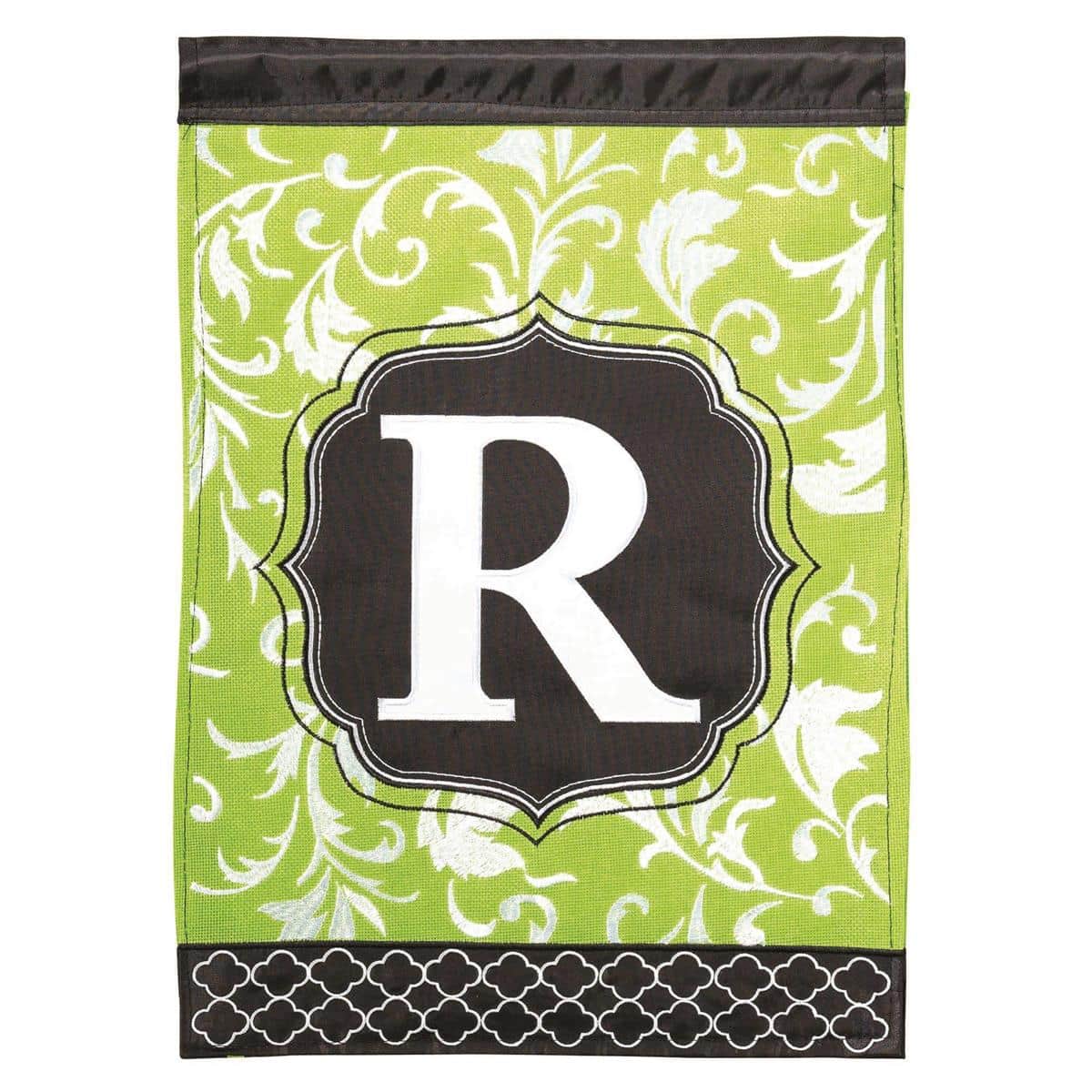Green and black 13x18 double applique garden flag with bold letter R monogram, readable on both sides, top sleeve for standard stand