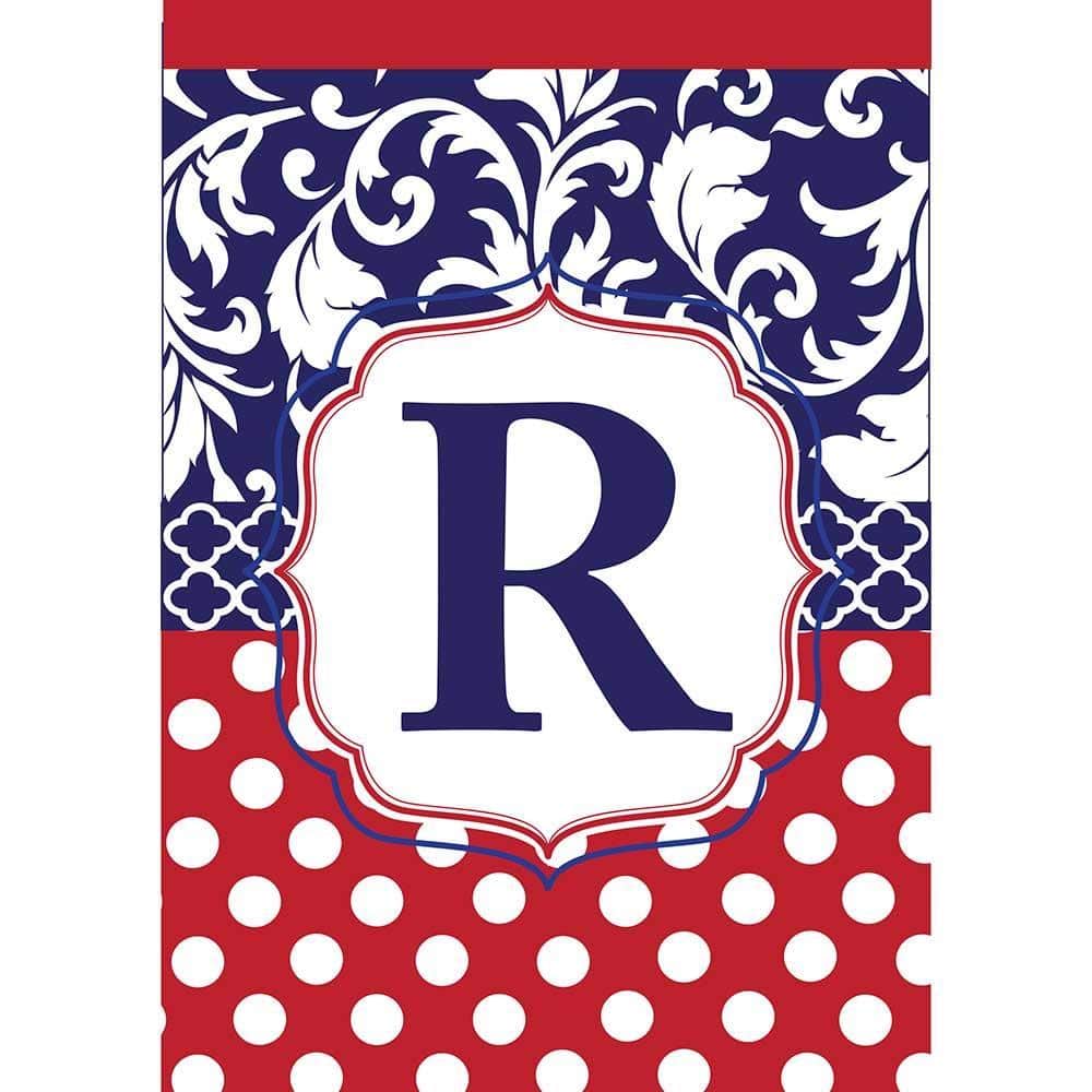 13x18 Monogram-R red white and blue double applique garden flag with bold R monogram, reinforced top sleeve for standard flag pole, durable outdoor fabric and stitched appliques.