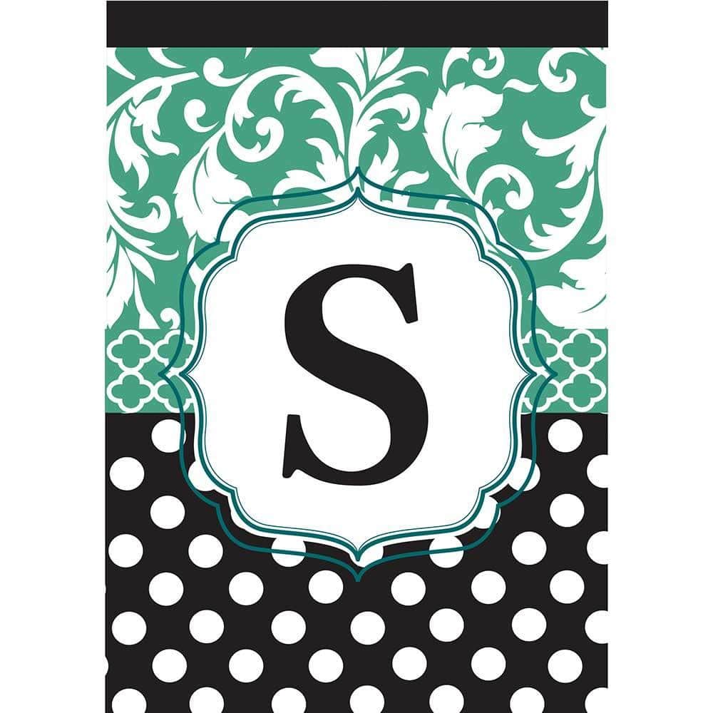 Monogram S black and aqua 13x18 garden flag with double applique, personalized initial for outdoor porch and yard display on standard garden flag stand.