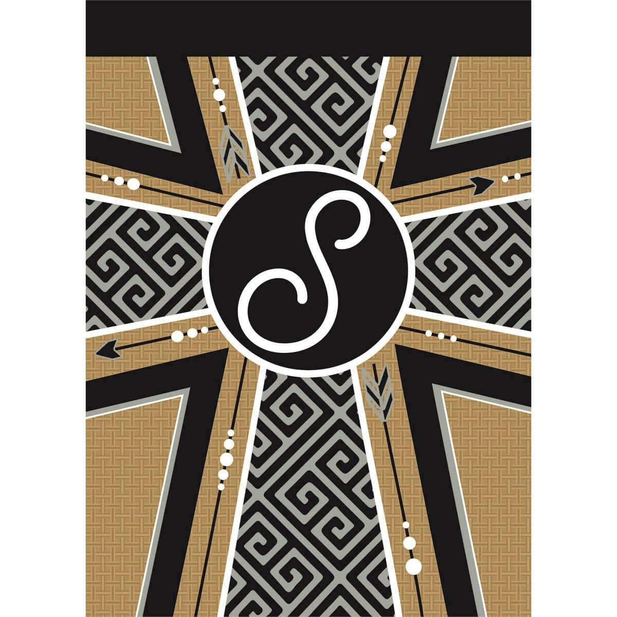 13x18 garden flag with monogram S and cross on burlap-textured background, double applique detail visible, rustic farmhouse style flag ideal for display on a small yard pole or porch stand.