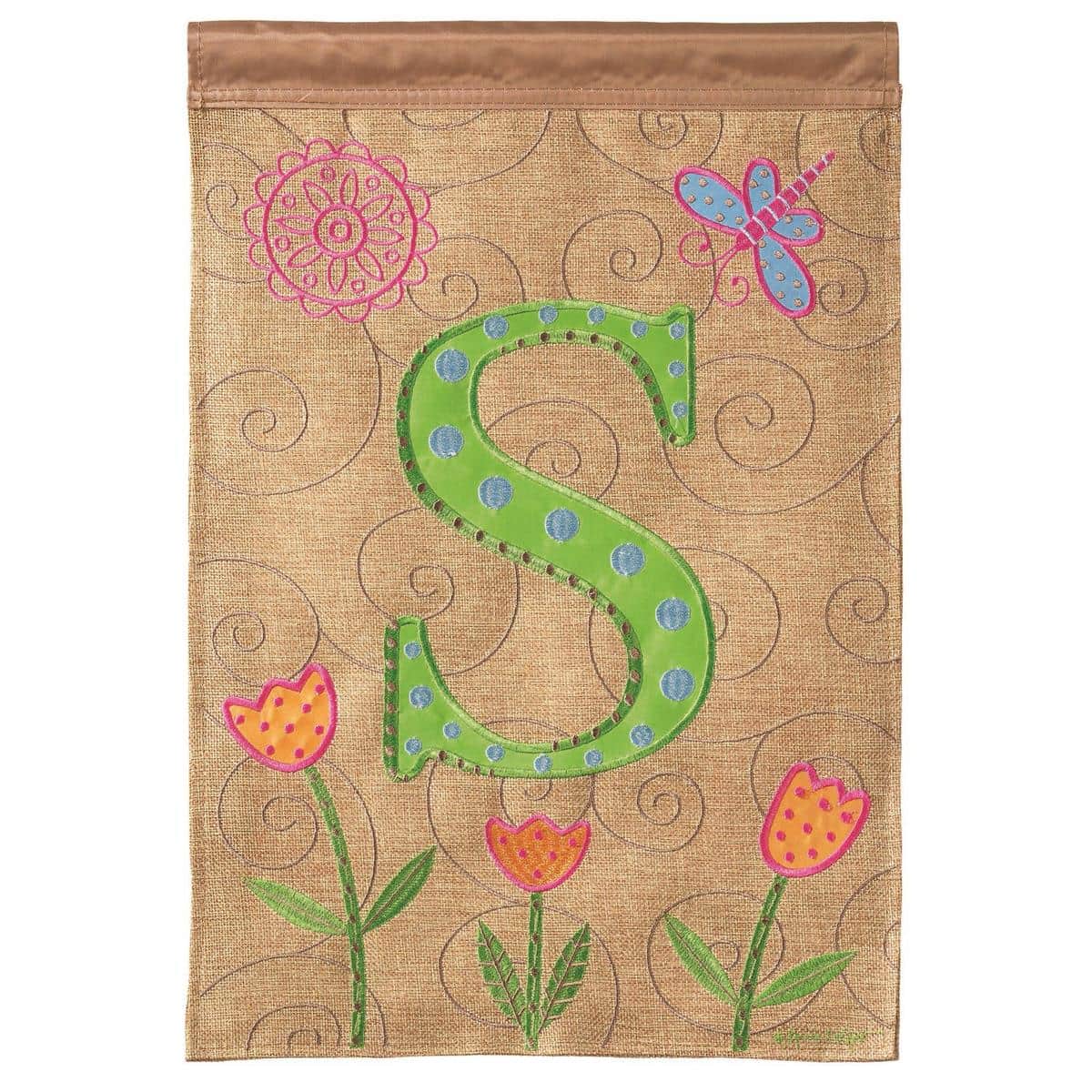 Close-up of the Monogram-S 13x18 double applique garden flag showing stitched letter S, layered fabric textures, reinforced top sleeve for standard garden flag stand, and color-contrast details.