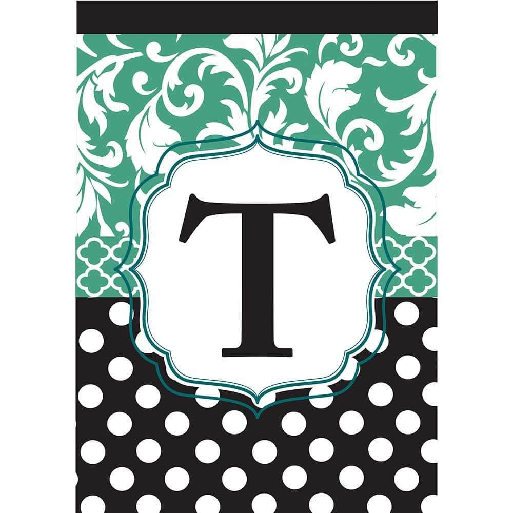 13x18 Monogram-T garden flag in black and aqua with double applique monogram and stitched accents displayed on a small garden flag stand in a yard setting.