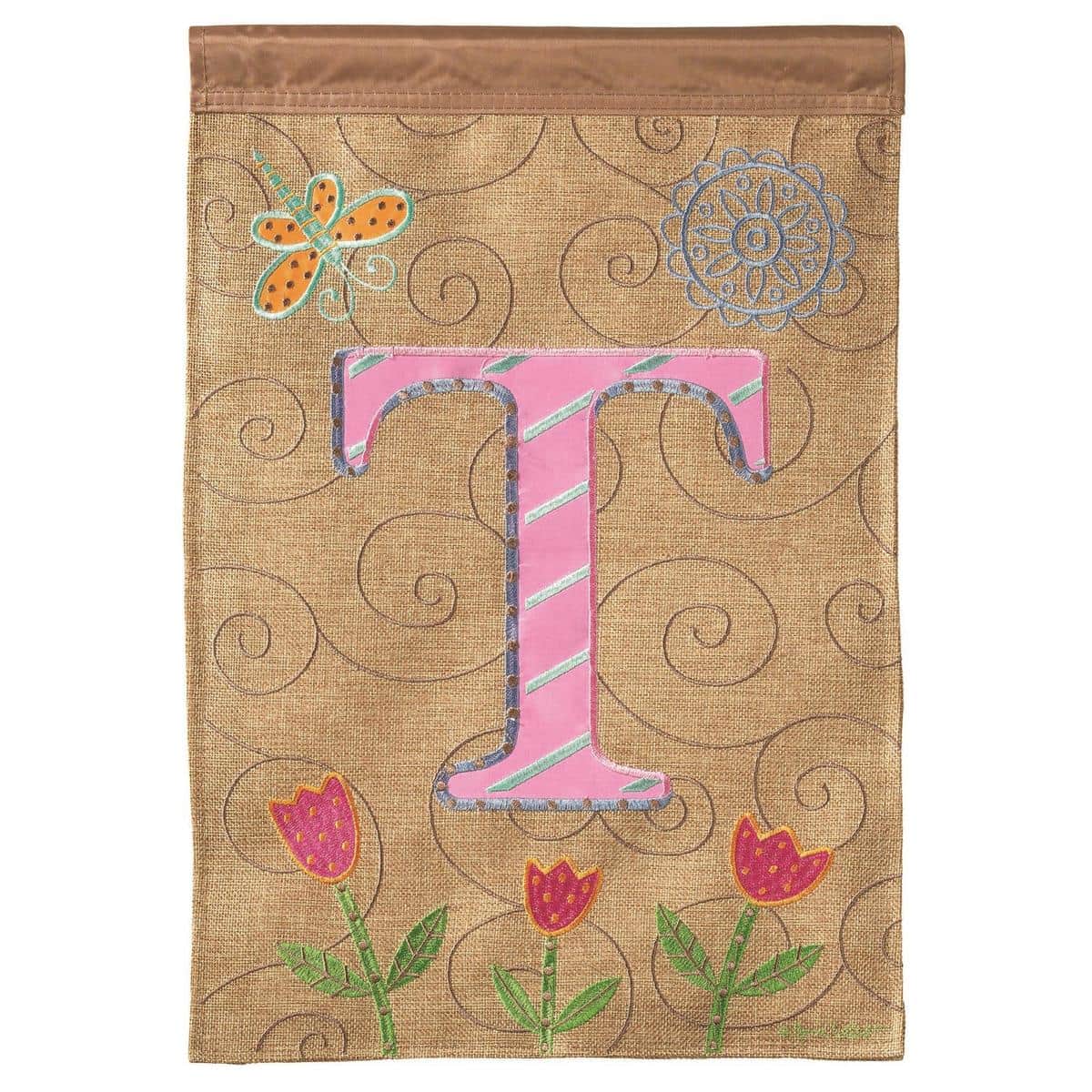 Monogram T garden flag with double applique detail showing the letter T centered on a 13 by 18 inch outdoor flag ready for a standard garden pole.