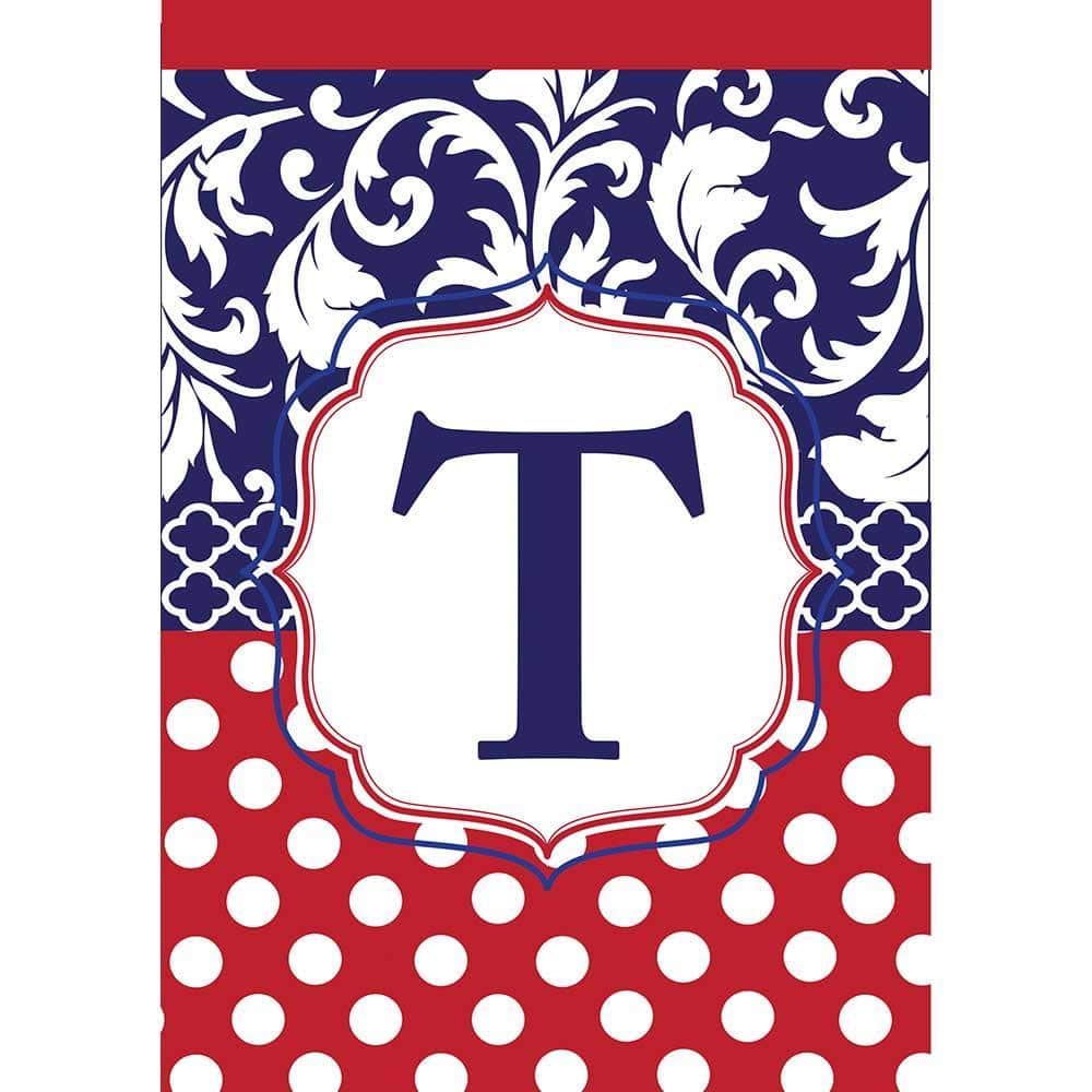 13x18 double applique garden flag in red, white, and blue with centered letter T monogram and reinforced sleeve for standard yard flagpole display