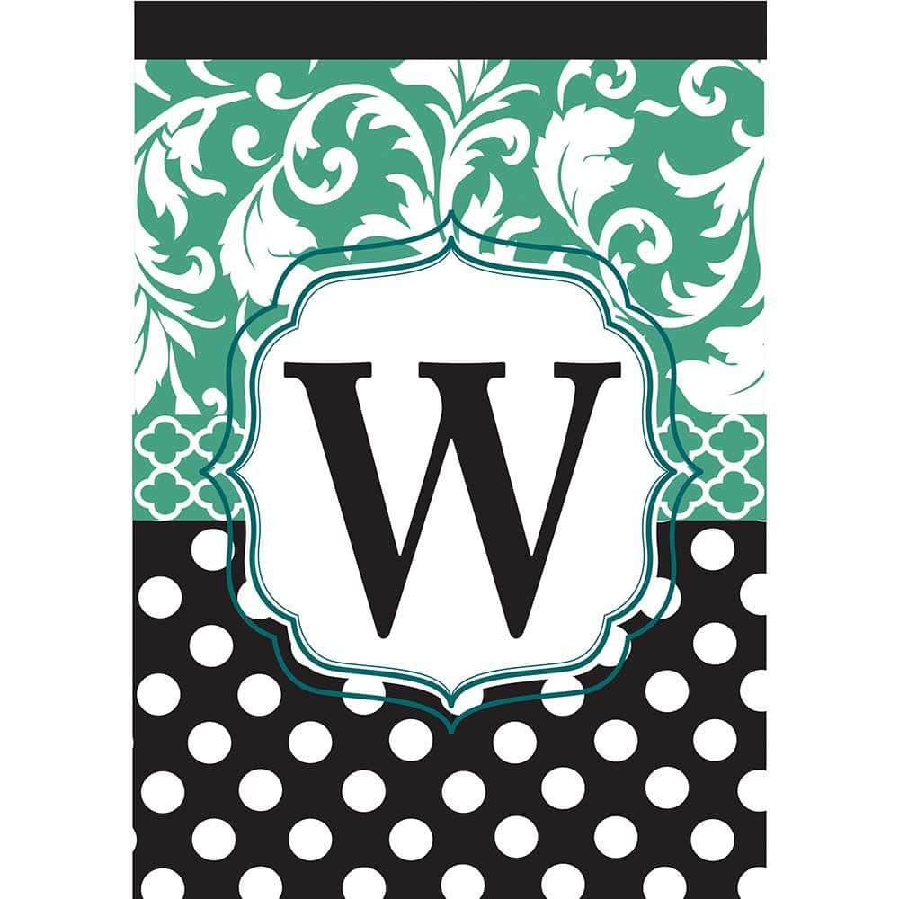 Black and aqua double applique garden flag with W monogram, 13 x 18 inches, shown hanging on a standard stand in a front yard setting.
