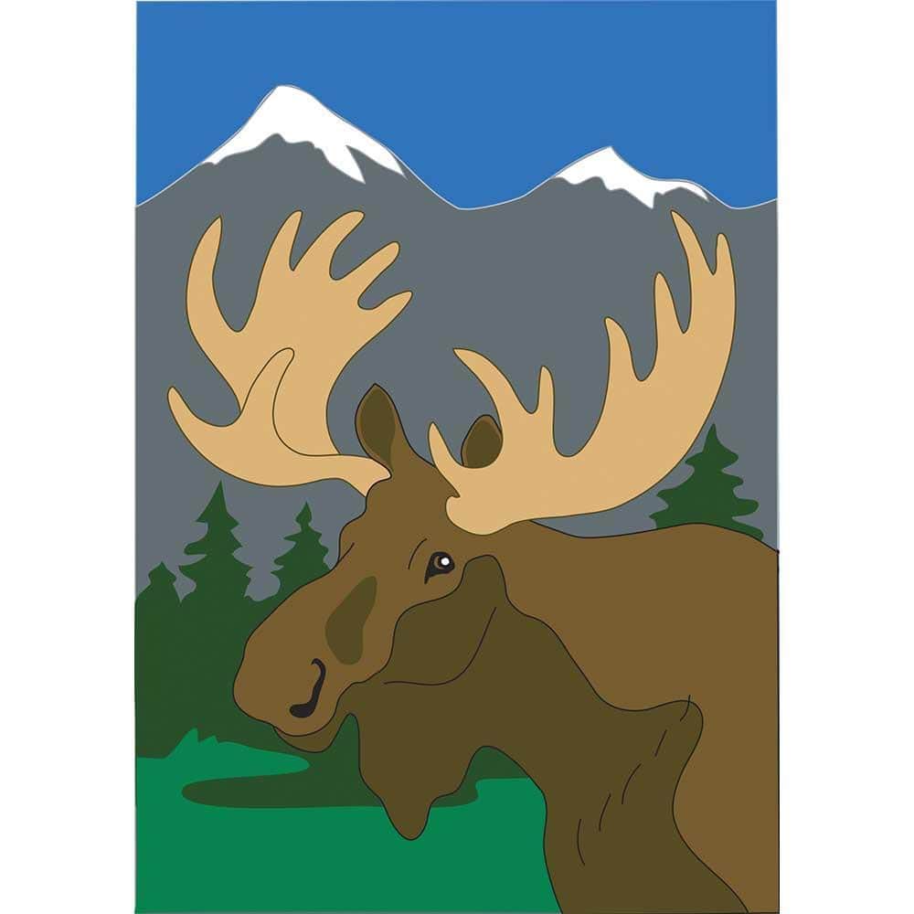 13x18 moose garden flag with layered double applique moose motif on rustic background, shown mounted on a standard garden flag stand in a porch setting.