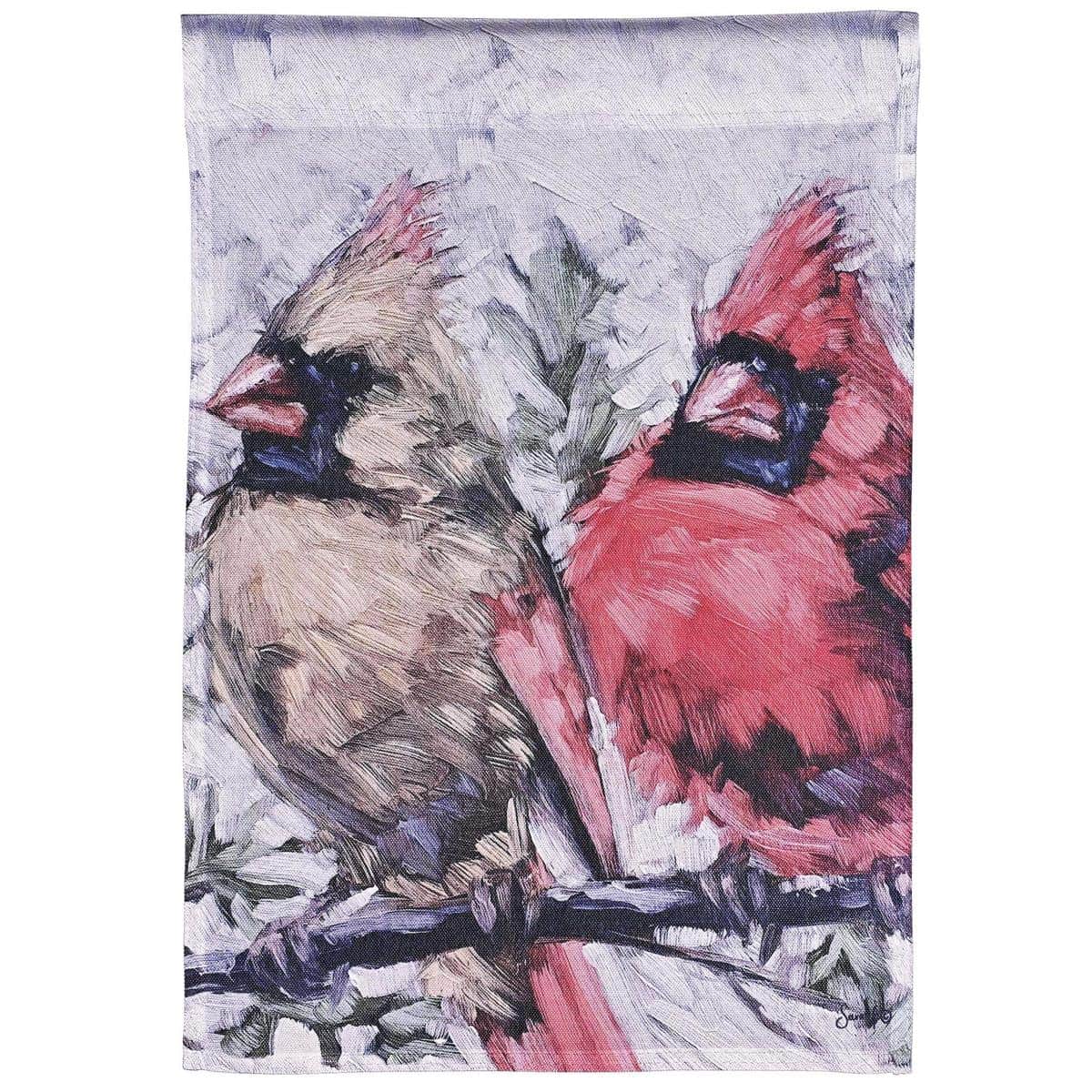 Printed 13x18 inch Mr And Mrs Redbirds garden flag showing a pair of bright redbirds perched together with subtle foliage accents and scripted Mr and Mrs wording, reinforced top sleeve and hemmed edges for outdoor display.