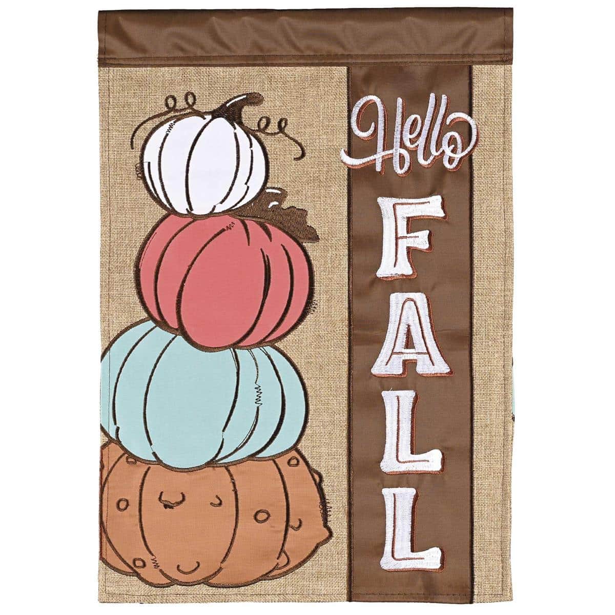 Bright multicolor pumpkins and 'Hello' text on a double applique autumn welcome garden flag