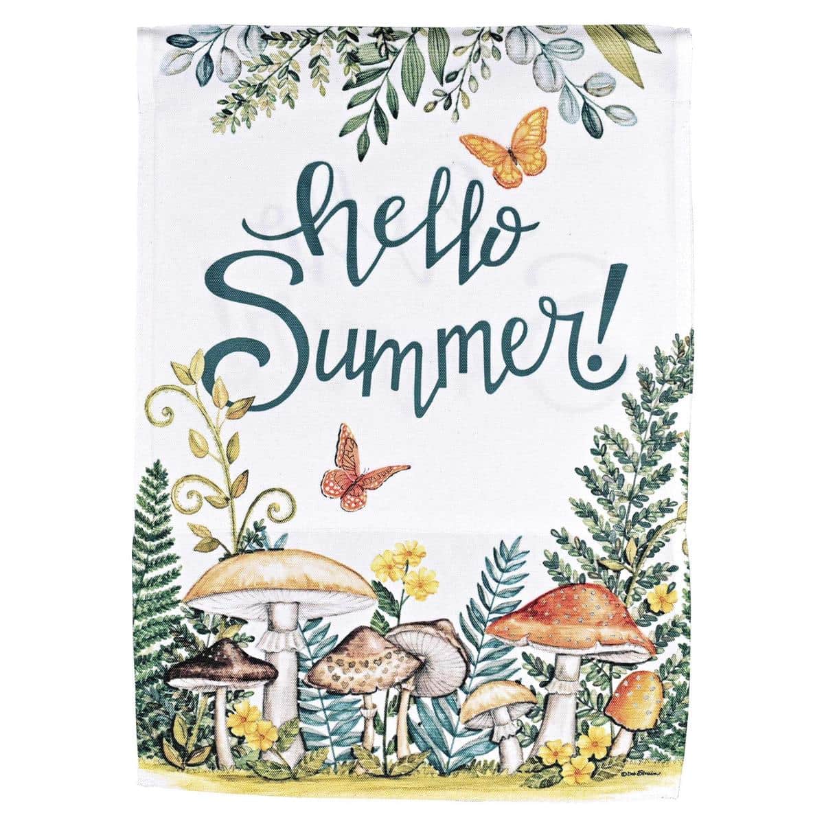 Colorful Mushrooms Hello Summer 30x44 printed banner flag featuring mushrooms, flowers, and "Hello Summer" text for outdoor porch and garden display.