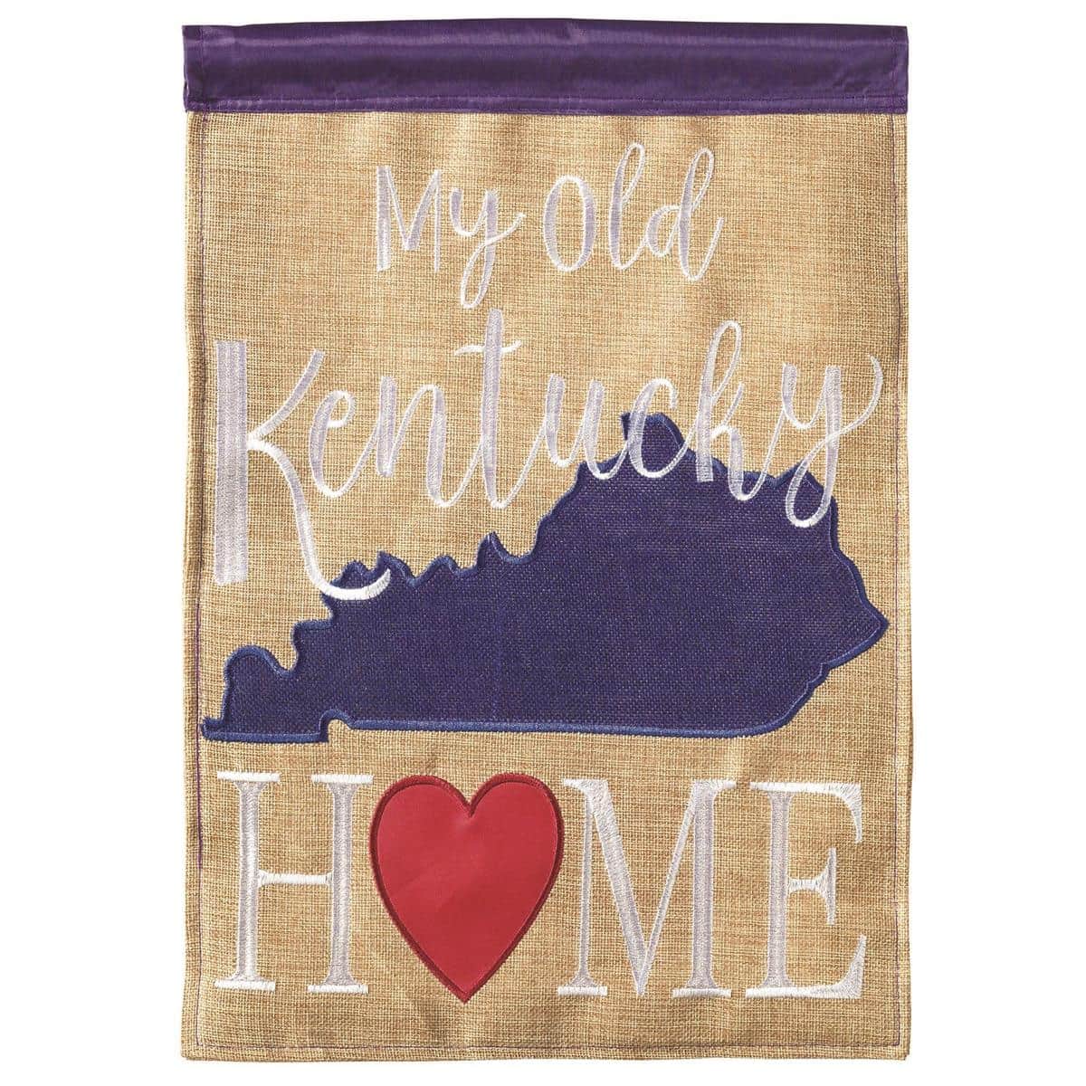Heart shaped My Old Kentucky Home garden flag in red and cream displayed on a 13x18 inch garden flagpole, showing layered double applique textures, stitched edges, and a classic regional script design.