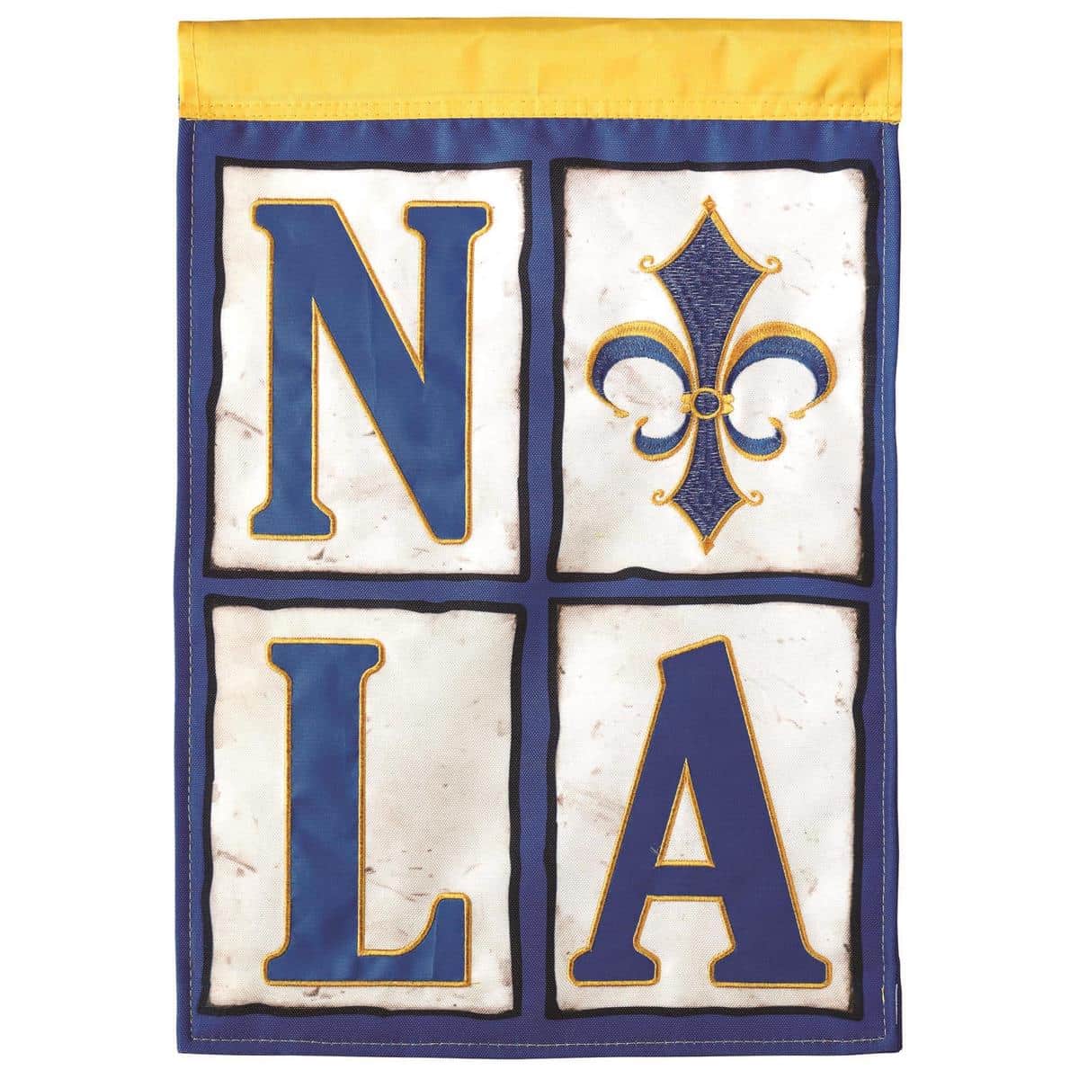 13x18 NOLA Street Tiles garden flag in double applique showing colorful mosaic street tile pattern with fleur-de-lis accents, bold New Orleans-inspired palette and reinforced sleeve for garden pole mounting