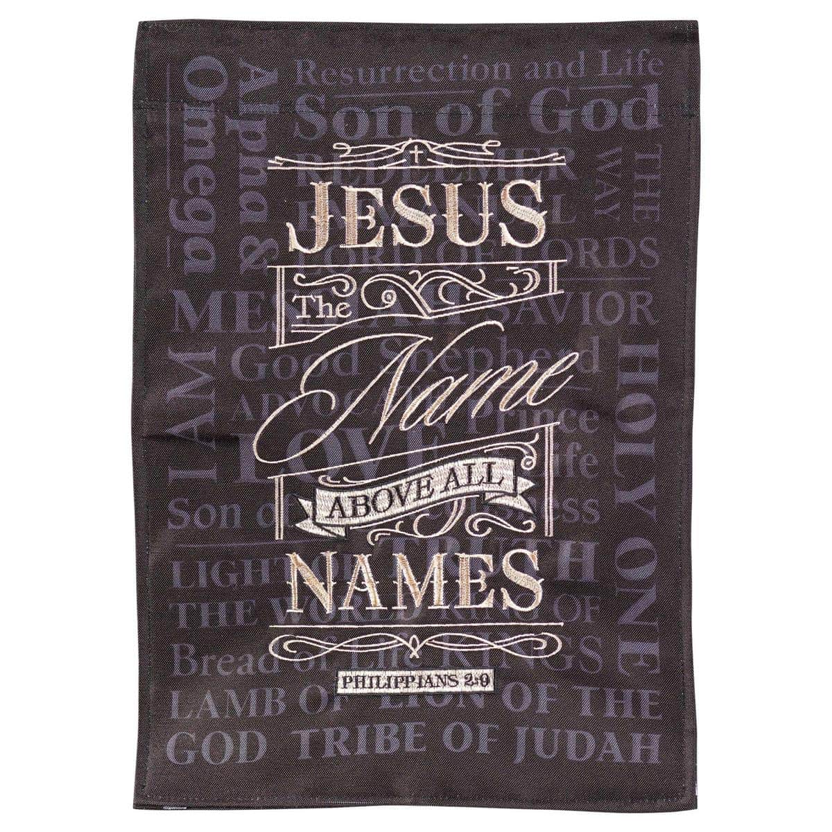 Main product image alt text: 13x18 Names Of Jesus garden flag showing layered applique lettering and decorative motifs on durable outdoor fabric.