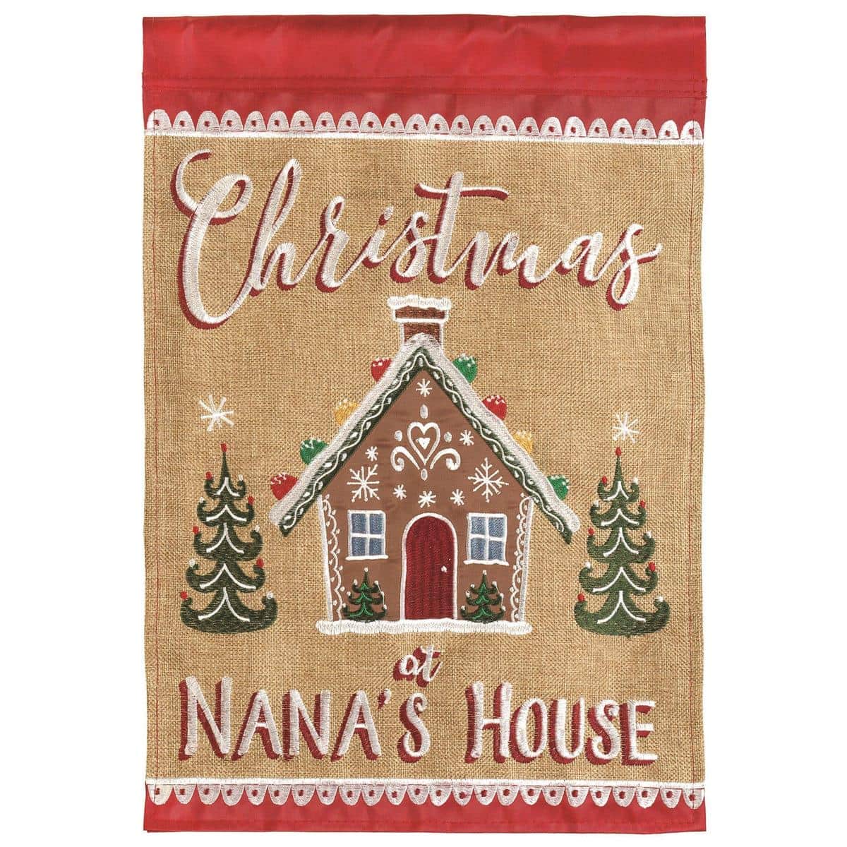 13x18 Nanas Gingerbread House garden flag showing a layered double applique gingerbread house design with candy accents, stitched trim, and snowy details for Christmas display.