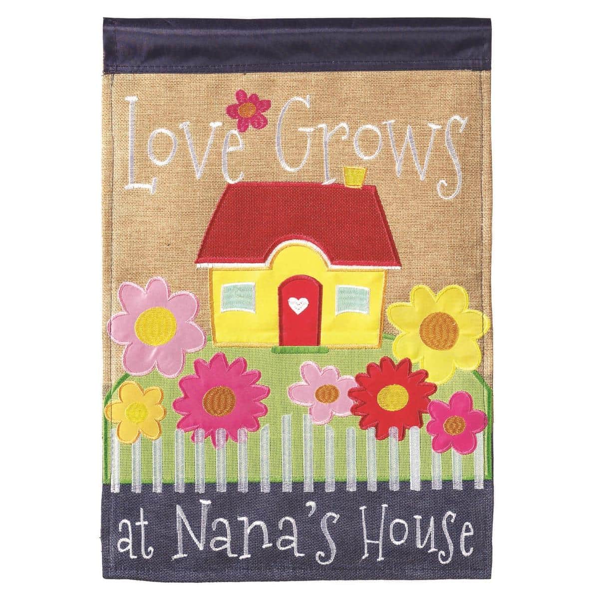 13x18 Nana's House burlap garden flag with double applique "Nanas House" lettering, textured burlap background, and floral accents for porch or garden display, shown on a small flag stand.