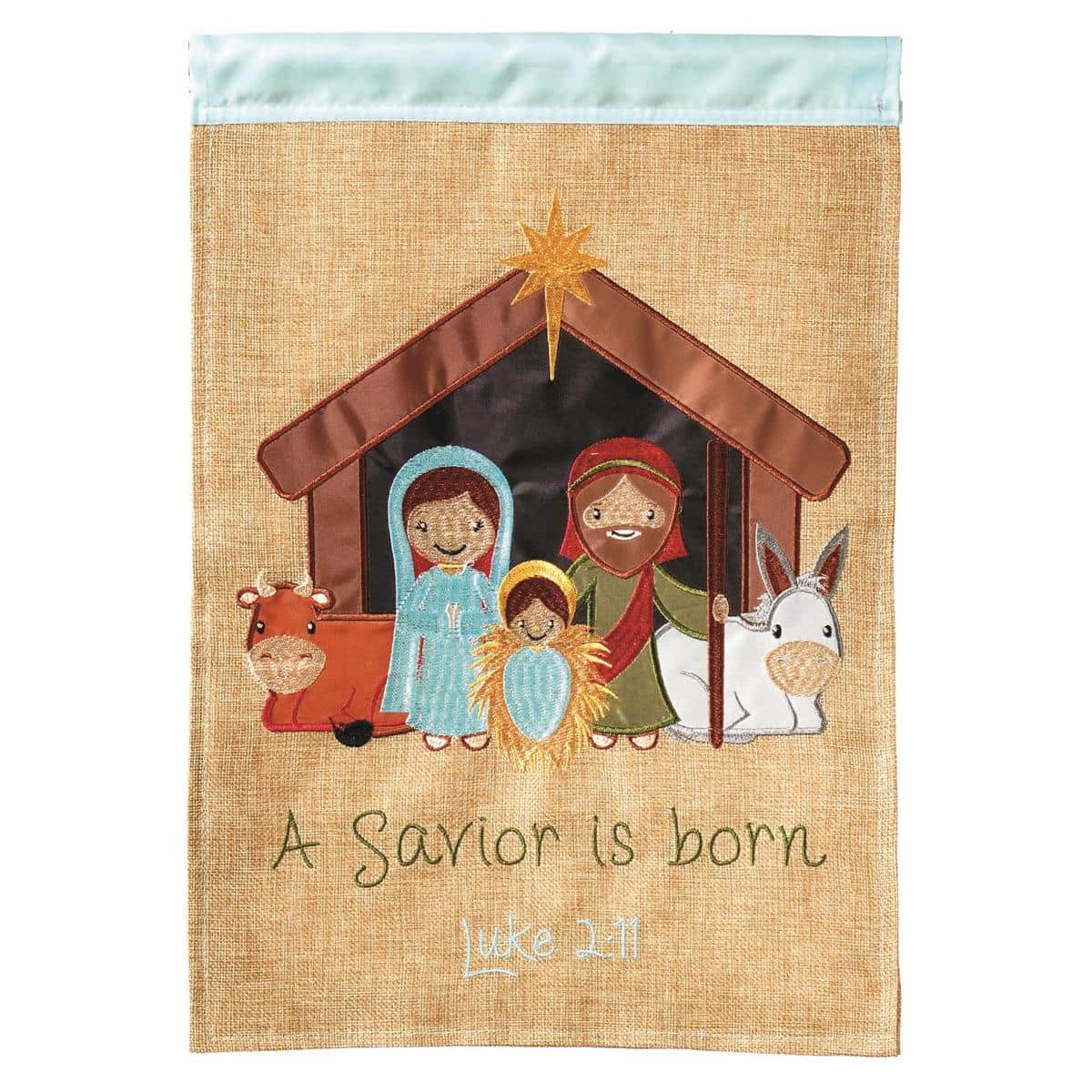 13x18 Nativity In Creche burlap garden flag showing Mary, Joseph, and Baby Jesus under the Bethlehem star with double applique detail and top sleeve.