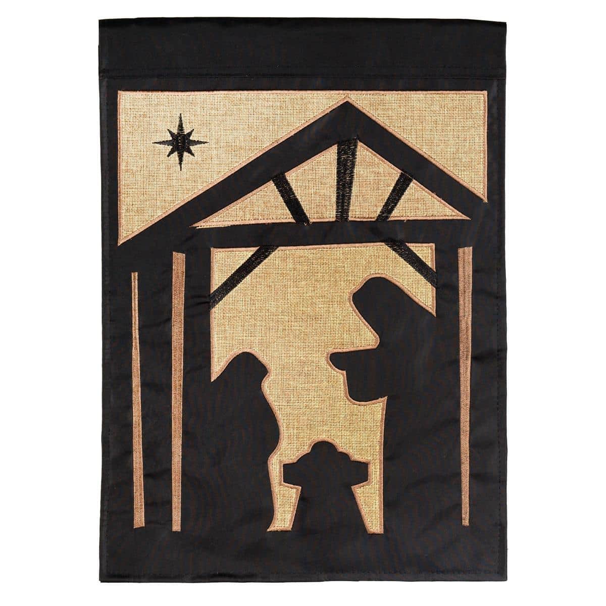 Double applique 13x18 garden flag showing Holy Family silhouette and Bethlehem star, two sided and durable, with sleeve for standard stand, winter outdoor decor.