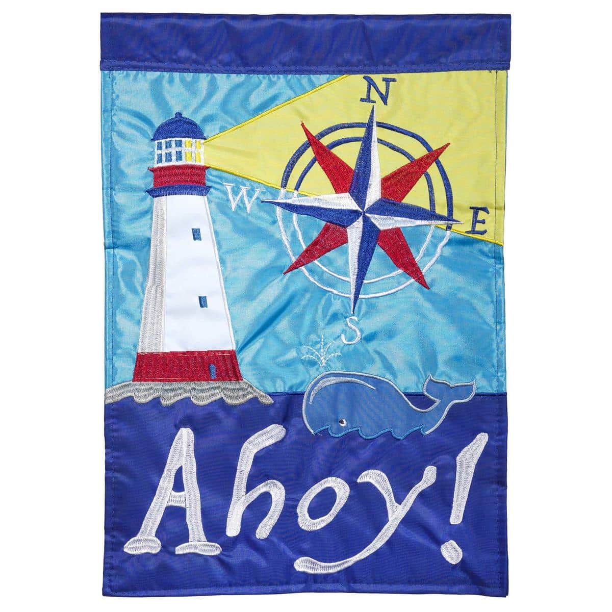 13x18 Nautical Welcome garden flag with double applique lighthouse, anchor, and sailboat motifs in WaterfrontLghths style on a small garden pole, perfect for porch and dock displays.