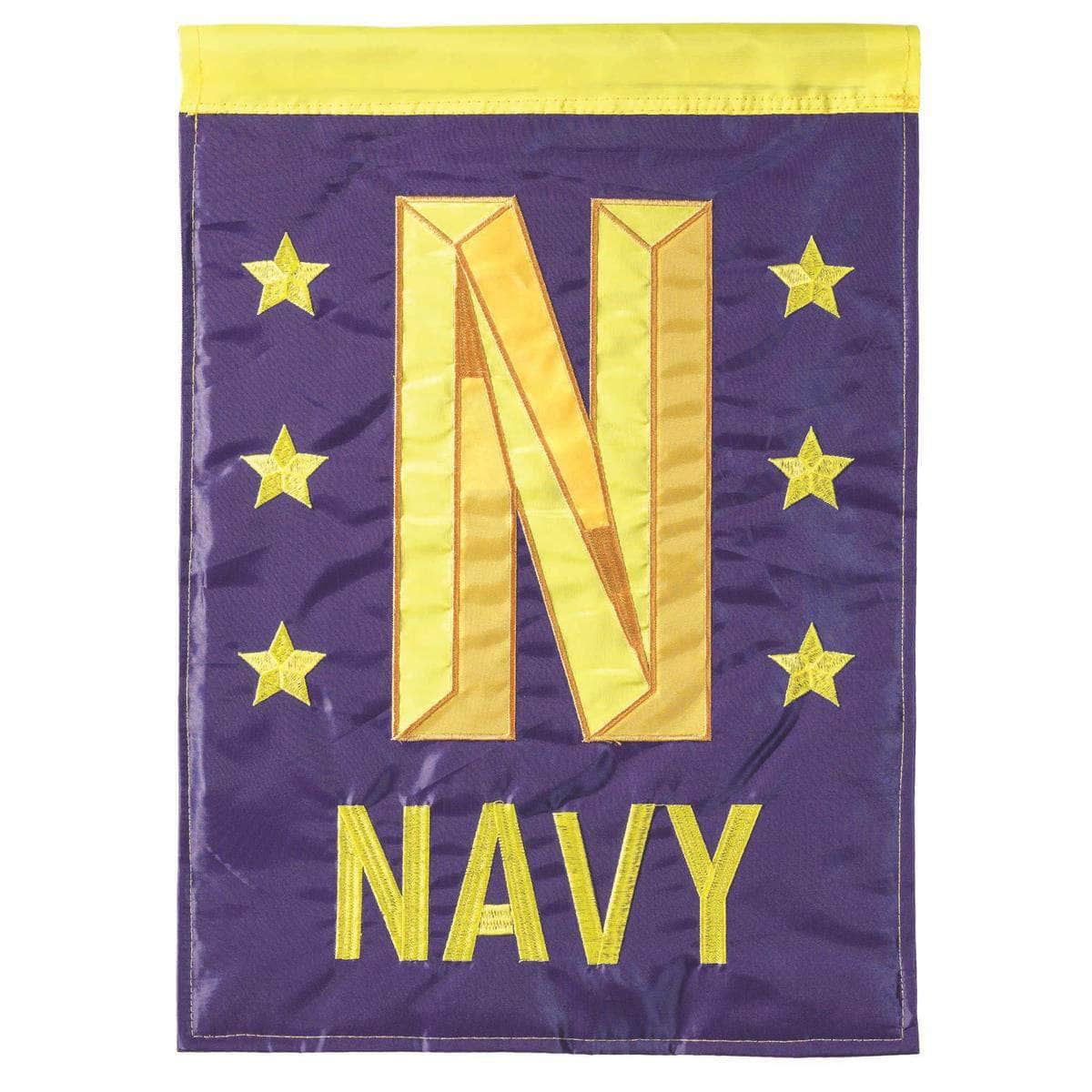 Navy Garden Flag with double-thickness design, intricate applique stitching, and durable nylon construction for patriotic outdoor décor.