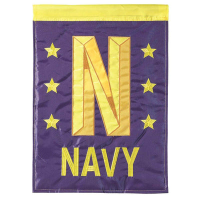 Navy Garden Flag with double-thickness design, intricate applique stitching, and durable nylon construction for patriotic outdoor décor.