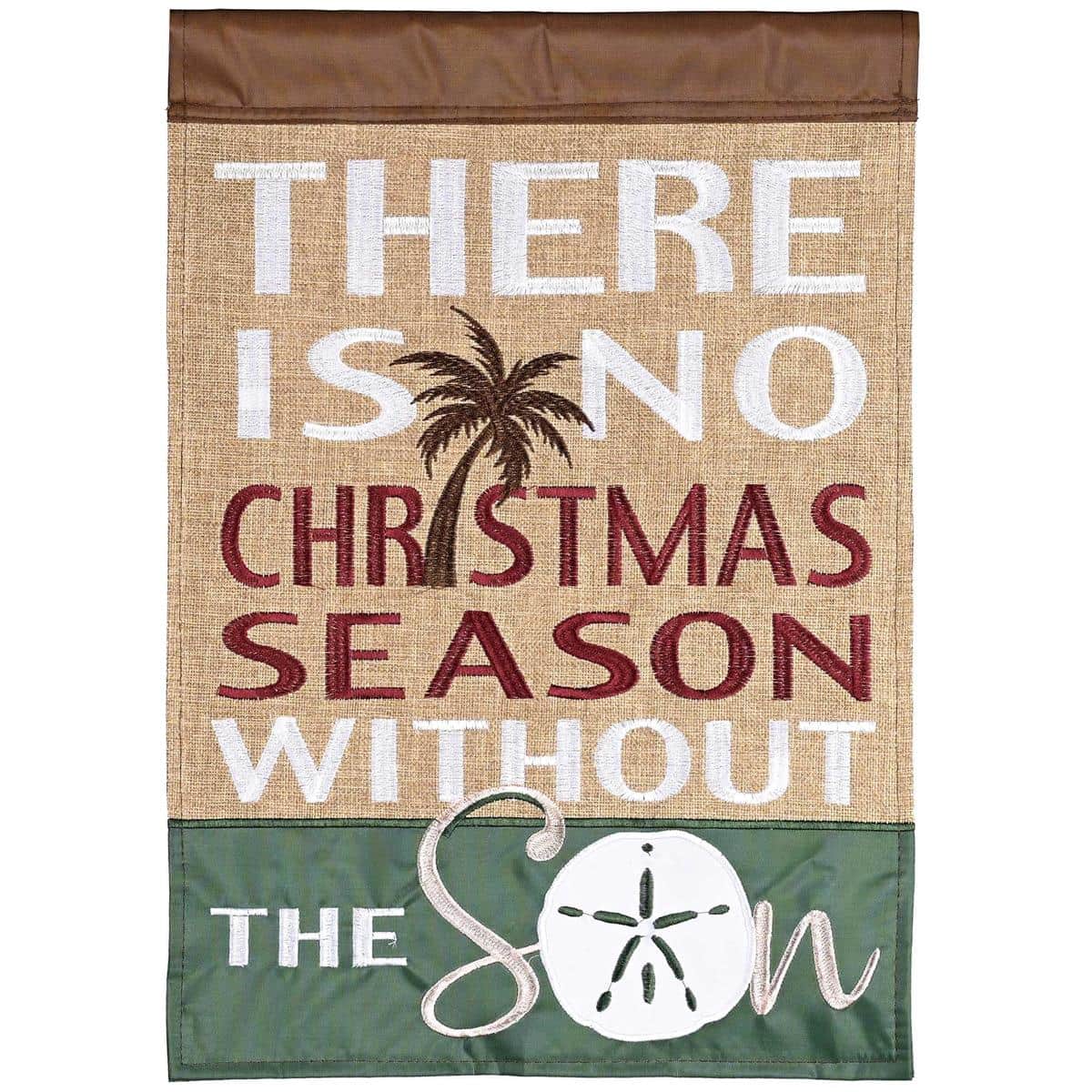 No Christmas Without The Son double applique Christmas flag with two sided readable faith message and stitched details displayed outdoors by a front door