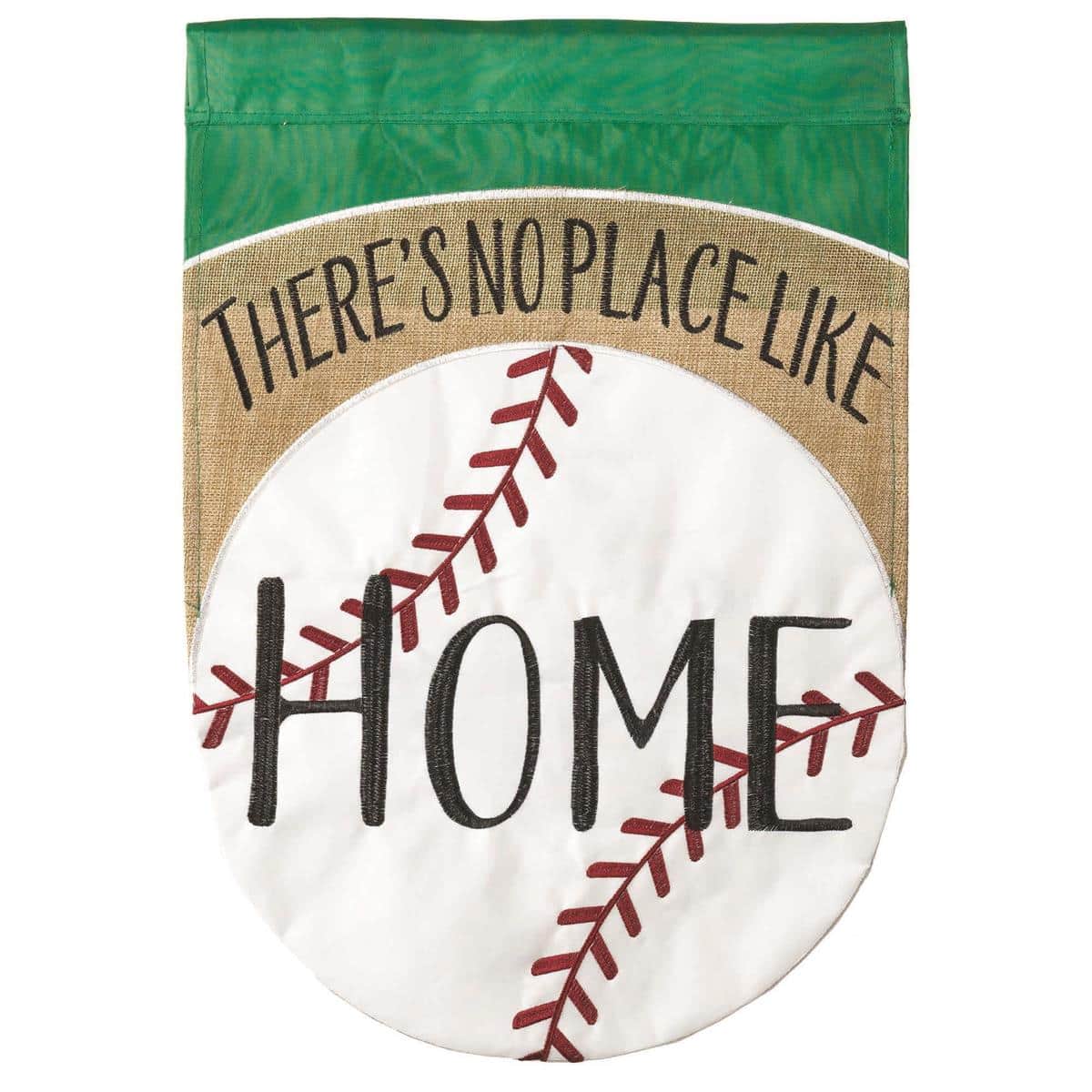 13x18 No Place Like Home baseball double applique garden flag on a yard stand, two sided text, neutral team colors, outdoor curb appeal, weather ready fabric