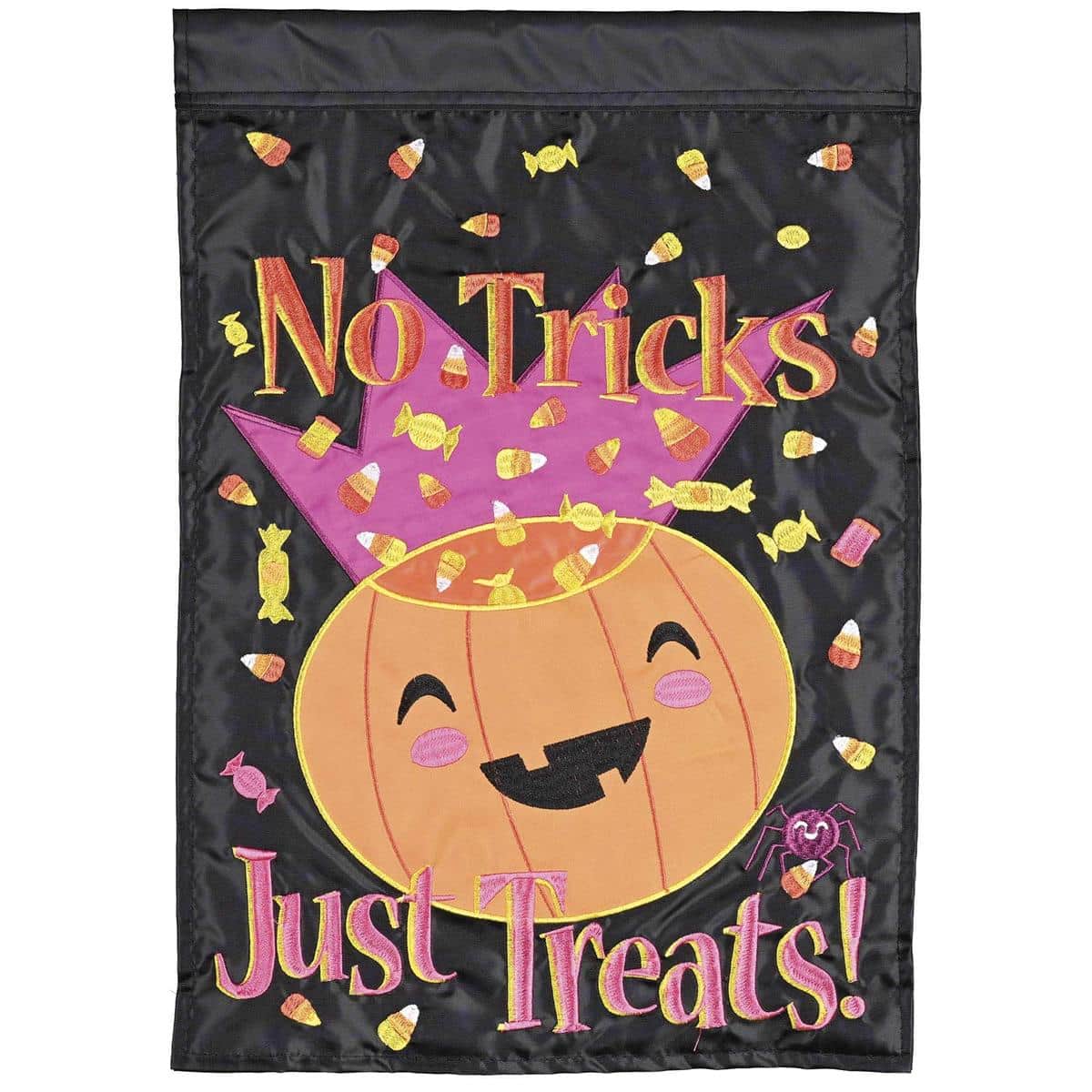 Double applique No Tricks Just Treats Lantern Halloween flag showing smiling jack-o-lantern, warm candle glow effect, bold "No Tricks Just Treats" lettering, orange and black palette for porch display.