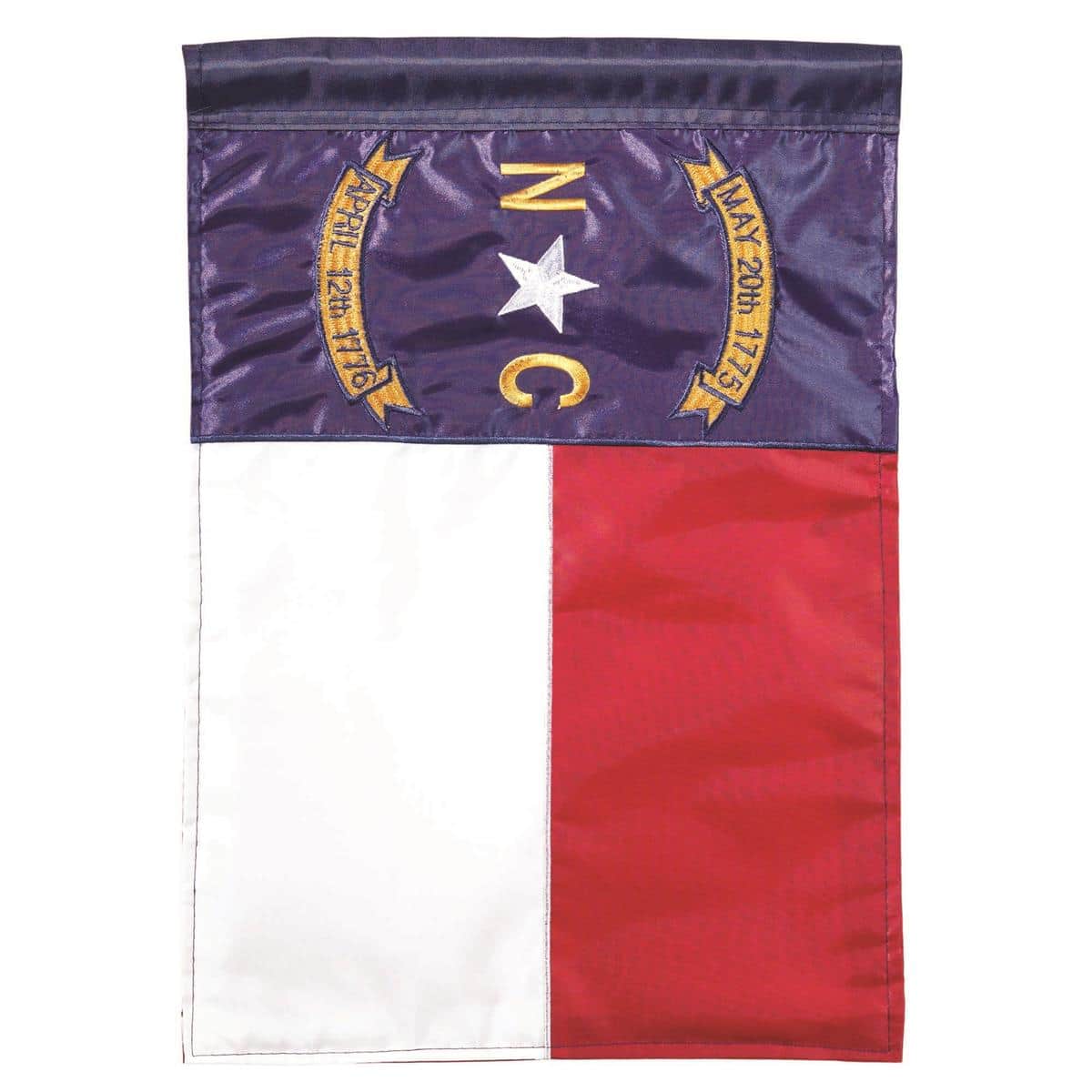 29x42 North Carolina double applique banner flag featuring layered state-inspired colors and emblem, durable 300D polyester construction, suitable for porch, garden, or pole display.