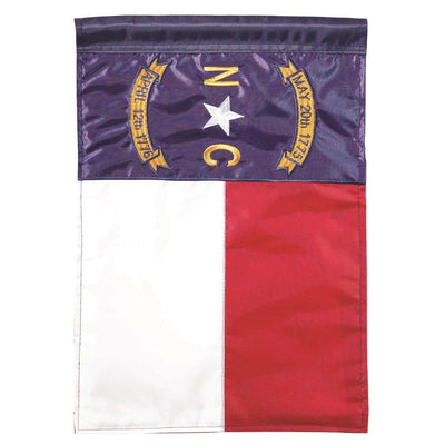 29x42 North Carolina double applique banner flag featuring layered state-inspired colors and emblem, durable 300D polyester construction, suitable for porch, garden, or pole display.