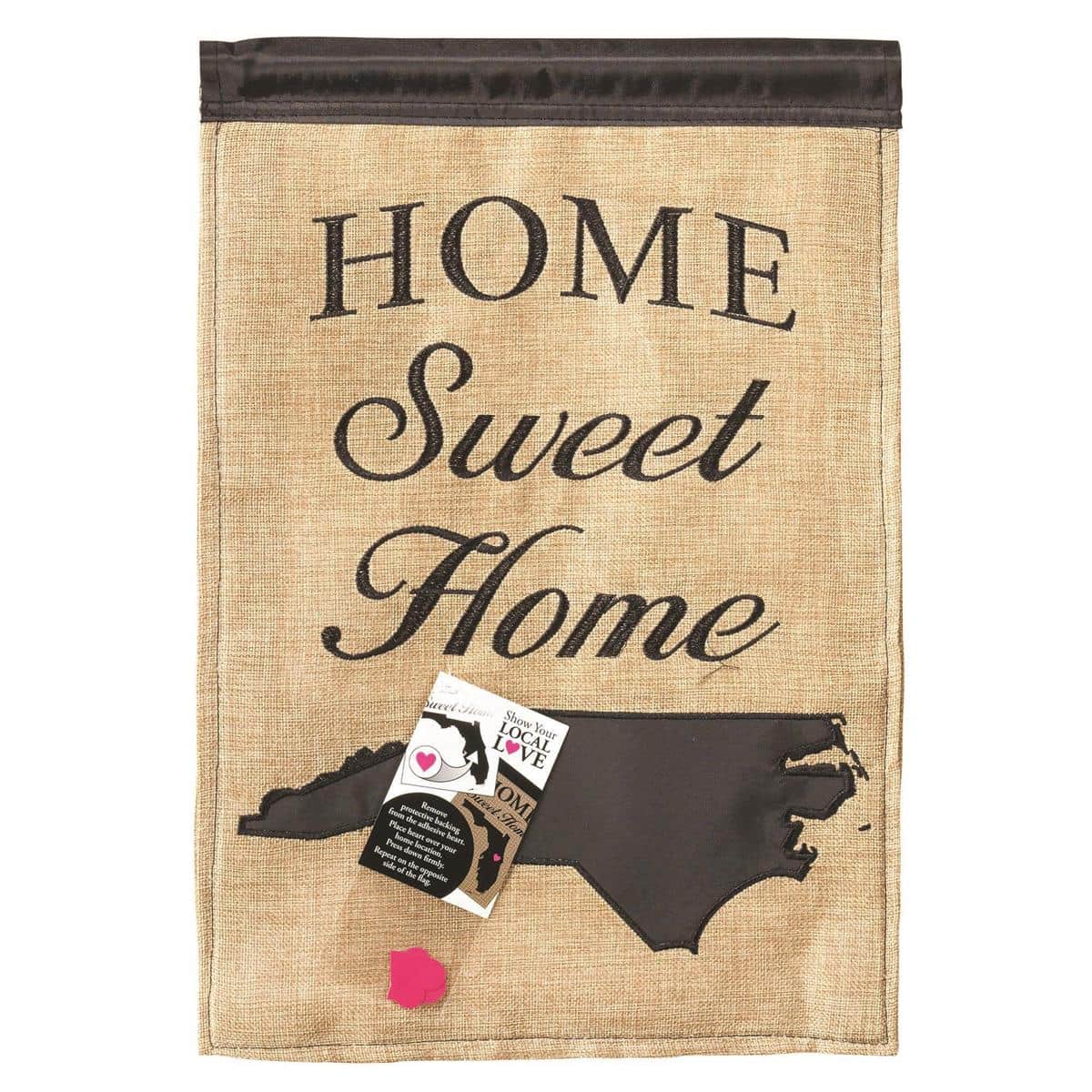 13x18 North Carolina burlap garden flag with double applique regional design shown on a garden flag pole in a porch setting.