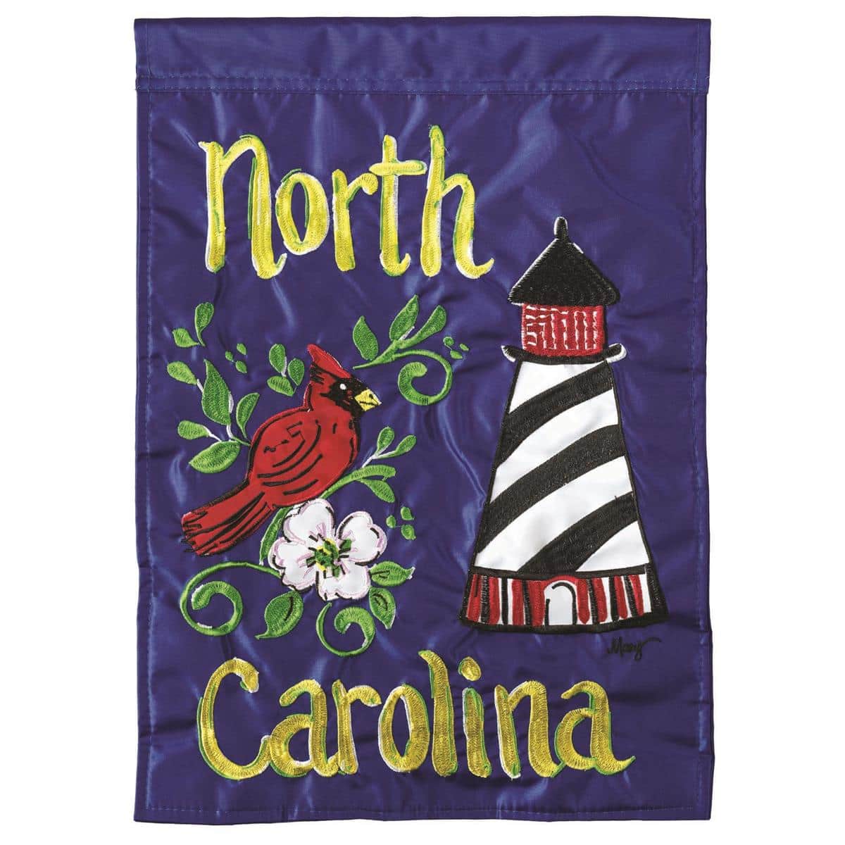 North Carolina garden flag 13x18 double applique with layered state motif displayed on a standard garden flag pole in a front porch setting.