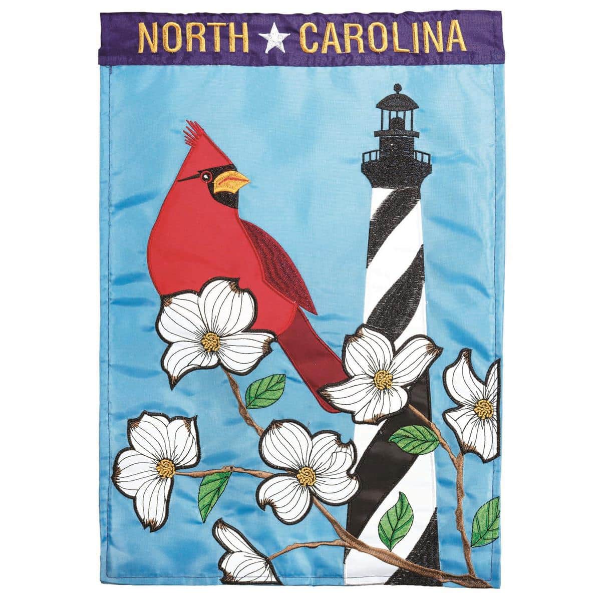 Alt text for main product image: Front view of 13x18 North Carolina Icons double applique garden flag showing layered state outline, dogwood blossom, coastal lighthouse motifs, and textured stitching on vibrant background for porch or garden display.