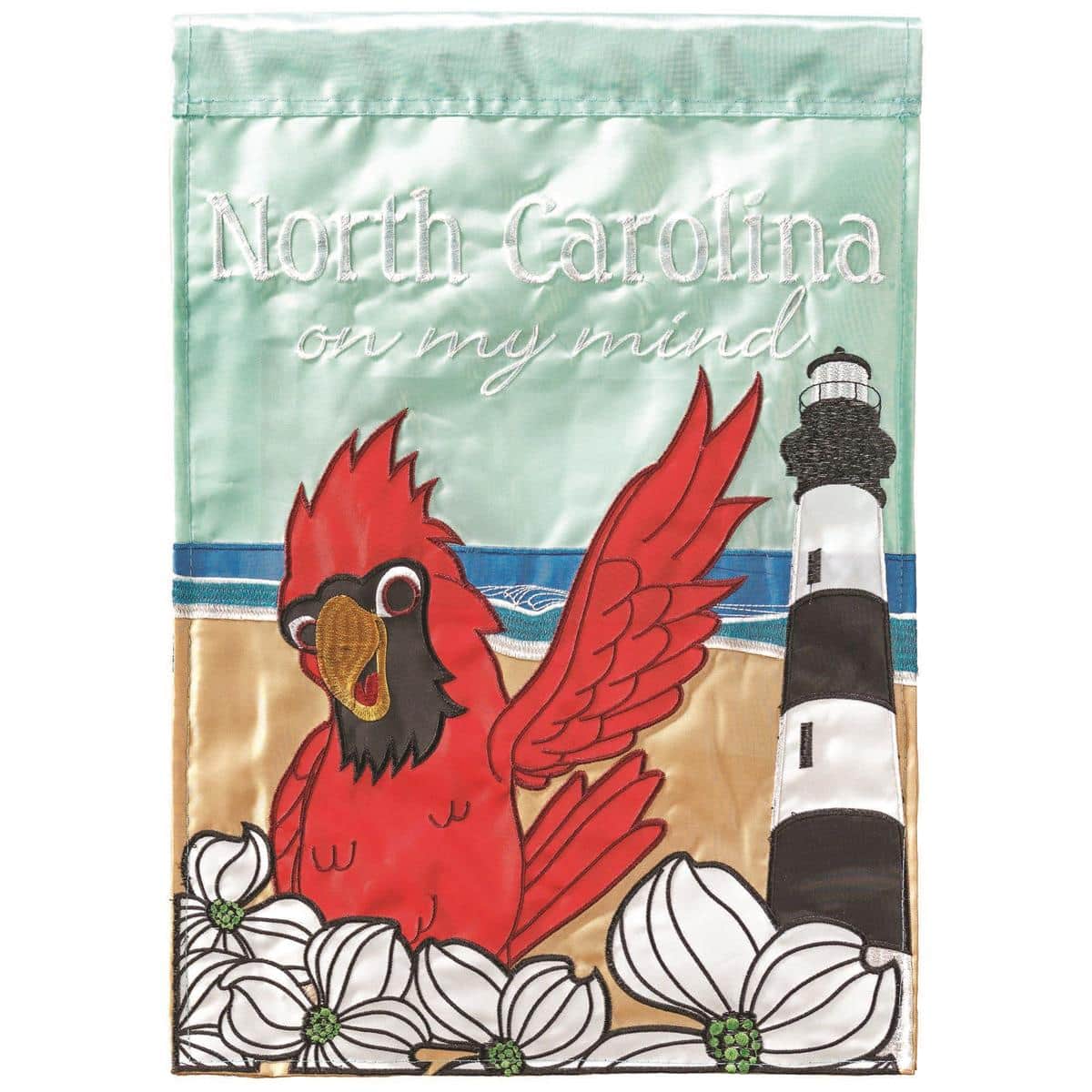 North Carolina On My Mind double applique 29x42 banner flag with state outline and stitched lettering hanging from a porch pole.