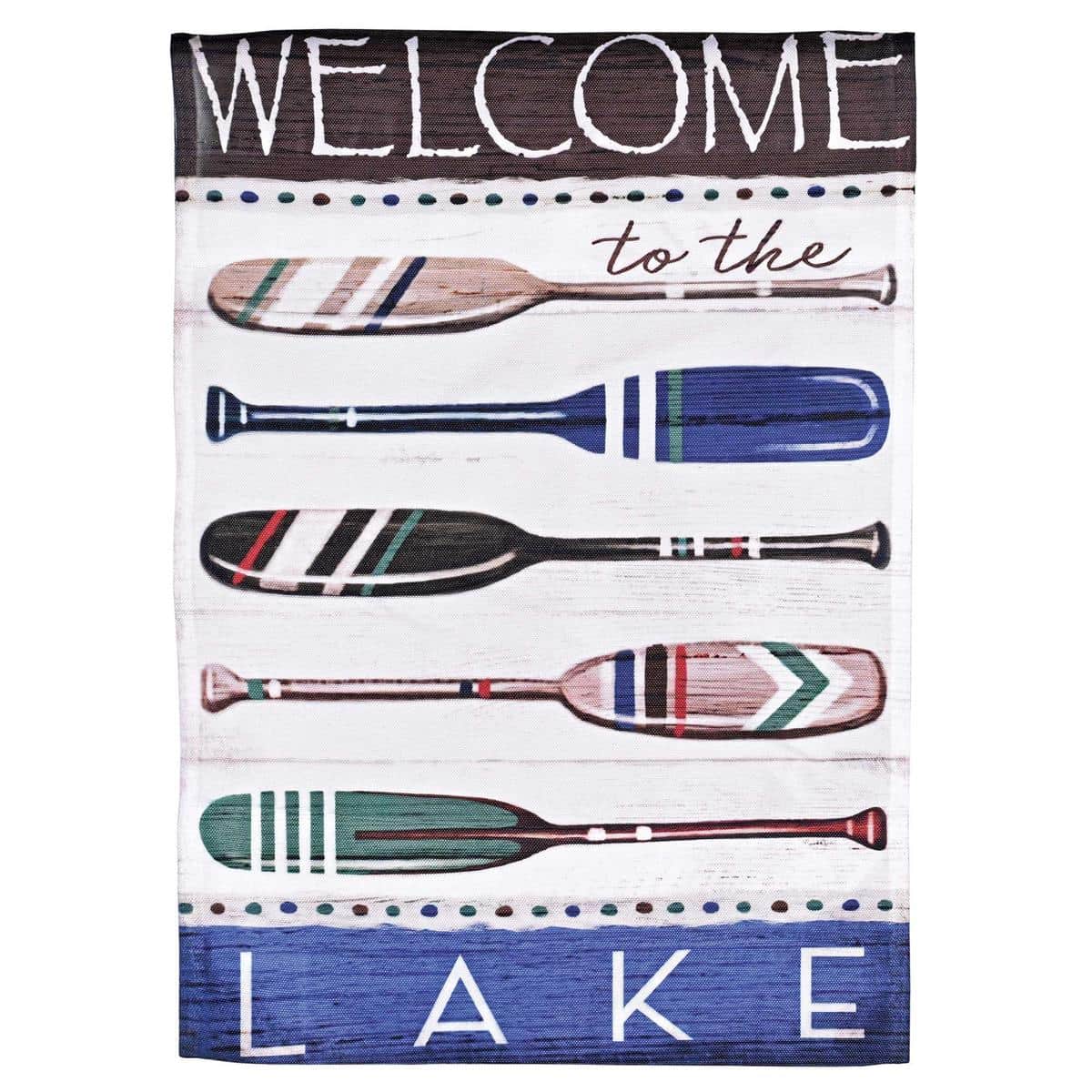 13x18 Oars Welcome To The Lake garden flag showing crossed oars, lake scene, and the word Welcome in a printed Waterfront style, ideal for porch, planter, or dock display.