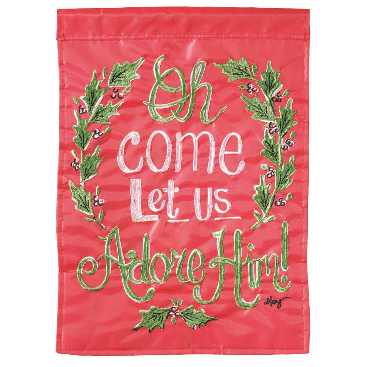 Double applique Oh Come Let Us Adore 13x18 garden flag featuring a classic Christmas wreath and script, outdoor winter faith decor for porch or yard.