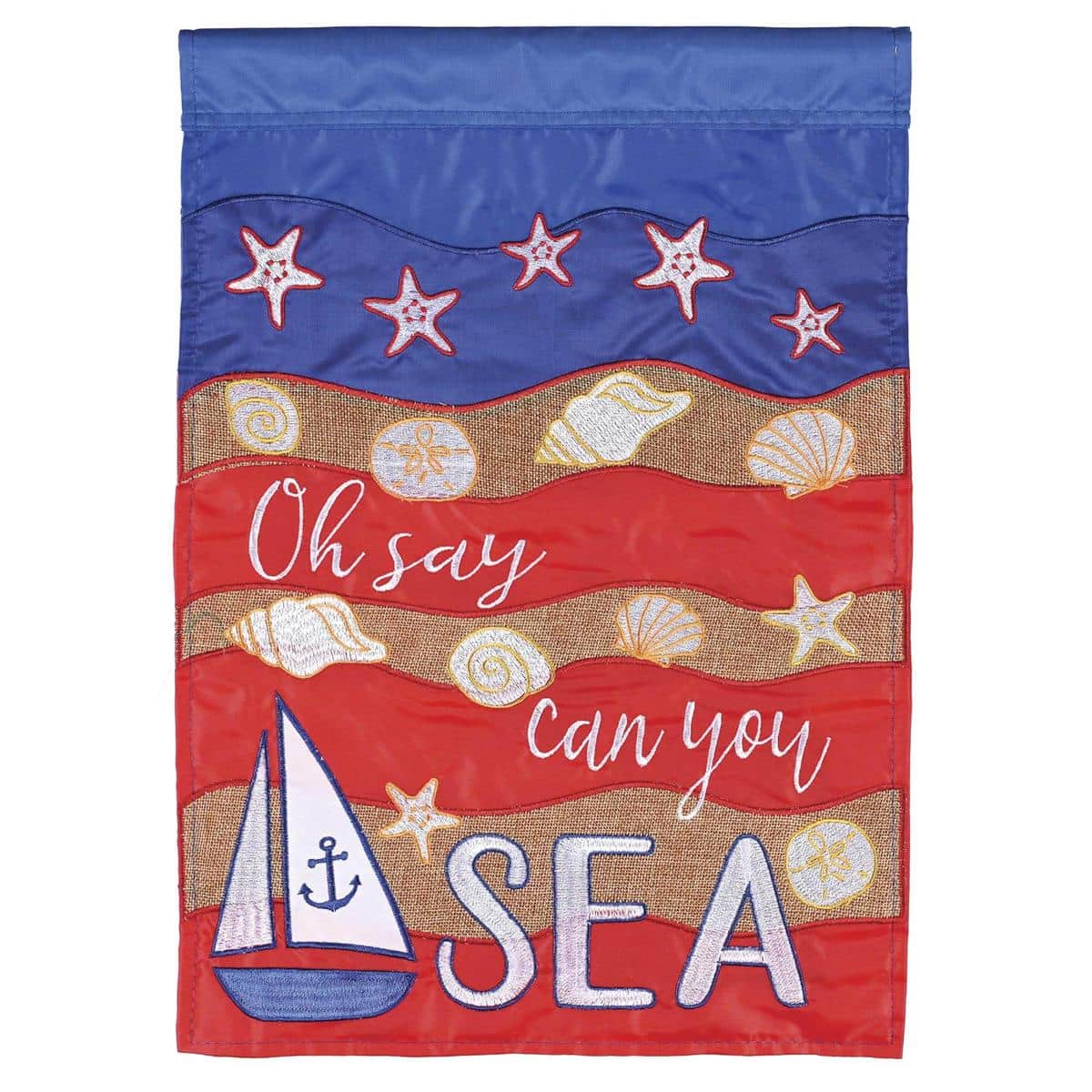 Close-up of 13x18 Oh Say Can You See double applique patriotic garden flag with embroidered stars and stripes, readable on both sides, displayed on a garden stand.