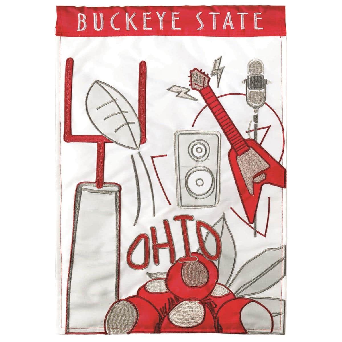 13x18 Ohio Buckeye State garden flag with double-applique state silhouette and buckeye leaf in scarlet and gray, two-sided, fits standard garden flag stand.
