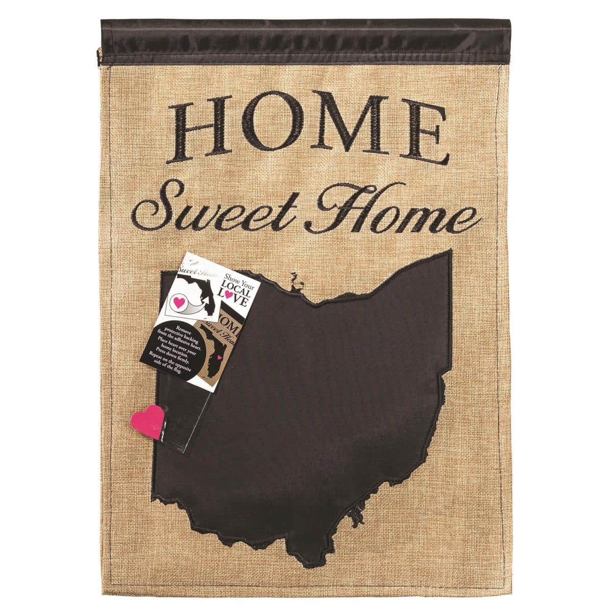 13x18 Ohio garden flag showing double applique Ohio silhouette on burlap-textured background with stitched accents, ready for porch or lawn display on a standard flag pole.